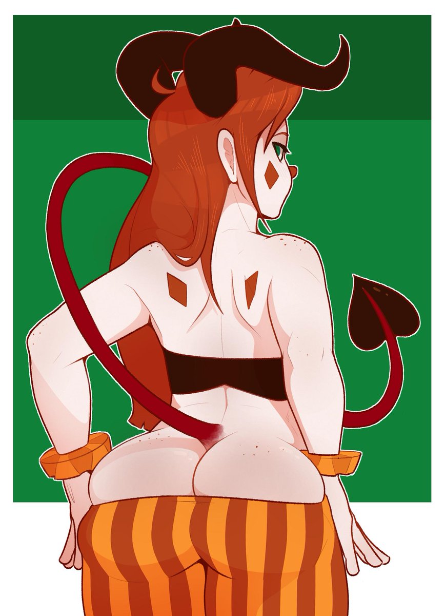1girls, 2d, ass, big breasts, breasts, bubble ass, bubble butt, clown, color, curvy, dabble, demon, female, freckles, green eyes, horns, illustration, mole on breast, olive (dabble), original, red hair, redhead, simple background, solo, tail, white background