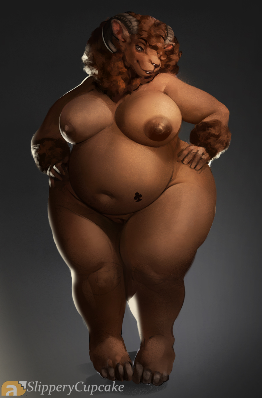 ♠ anthro areola belly big_areola big_breasts bovid breasts brown_body brown_fur brown_nipples caprine chubby_female female fur genitals hi_res horn mammal navel nipples nude overweight overweight_anthro overweight_female pussy sheep slightly_chubby slipperycupcake smile solo suit_symbol thick_thighs wide_hips