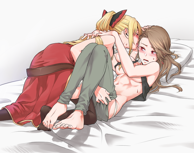 2girls blonde_hair breasts brown_hair dress granblue_fantasy katalina_aryze miso-ha_(ukyuu) multiple_girls on_bed pants red_dress red_eyes sweat underboob vira_lillie yuri