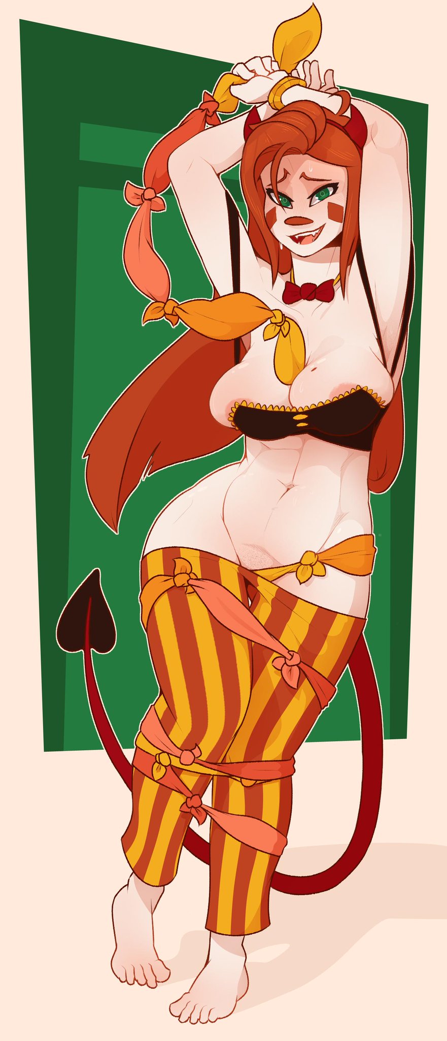 1girls, 2d, ass, big breasts, breasts, bubble ass, bubble butt, clown, clown girl, color, curvy, cute, dabble, demon, female, freckles, green eyes, horns, illustration, large breasts, magic trick, mole on breast, olive (dabble), orange hair, original, red hair, redhead, solo, striped, striped legwear, tail, tied legs, tied up, vertical-striped legwear, wide hips