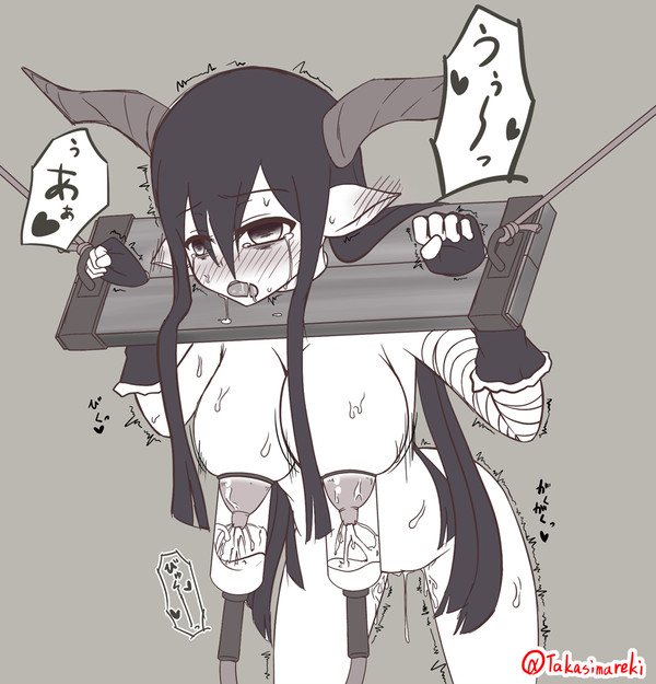 bondage danua_(granblue_fantasy) draph_race_(granblue_fantasy) granblue_fantasy horns lactation milking milking_machine monochrome pointy_ears stocks takasimareki