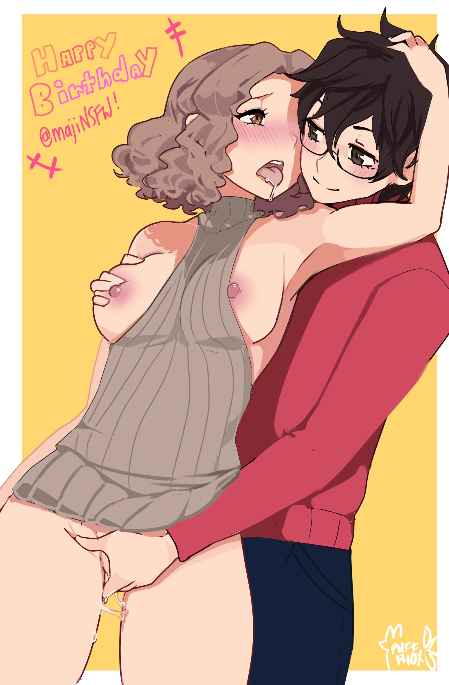 1boy, 1girls, akira kurusu, atlus, blush, breast grab, breasts, curly hair, female, fingering, fingering partner, floofy hair, fluffy hair, from behind, haru okumura, joker (persona), male, persona, persona 5, puffphox, ren amamiya, saliva, tagme, tongue, tongue out, wavy hair