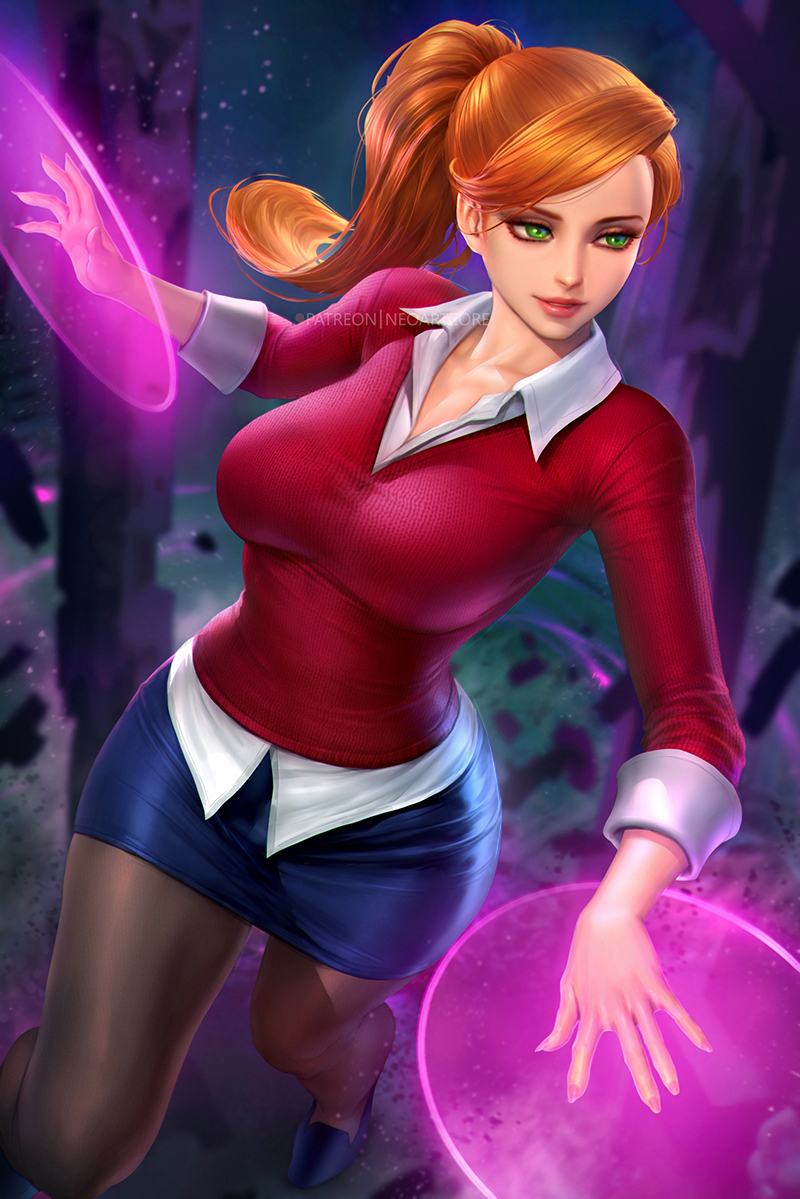 1girls, ben 10, ben 10 alien force, big breasts, blue shoes, blue skirt, breasts, cartoon network, female, female focus, female only, ginger, green eyes, gwen tennyson, gwen tennyson (alien force), large breasts, long hair, magic, miniskirt, neoartcore, orange hair, patreon username, pencil skirt, red hair, red sweater, redhead, skirt, solo, source request, stockings, tagme, thick thighs, tight clothing, white shirt, wide hips