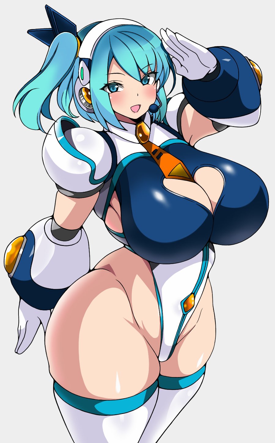 1girls, alternate costume, ass, big ass, breasts, busty, capcom, curvaceous, female, frozen gingasan, huge breasts, mega man, mega man x dive, open mouth, rico (mega man), simple background, solo, thick thighs, traced