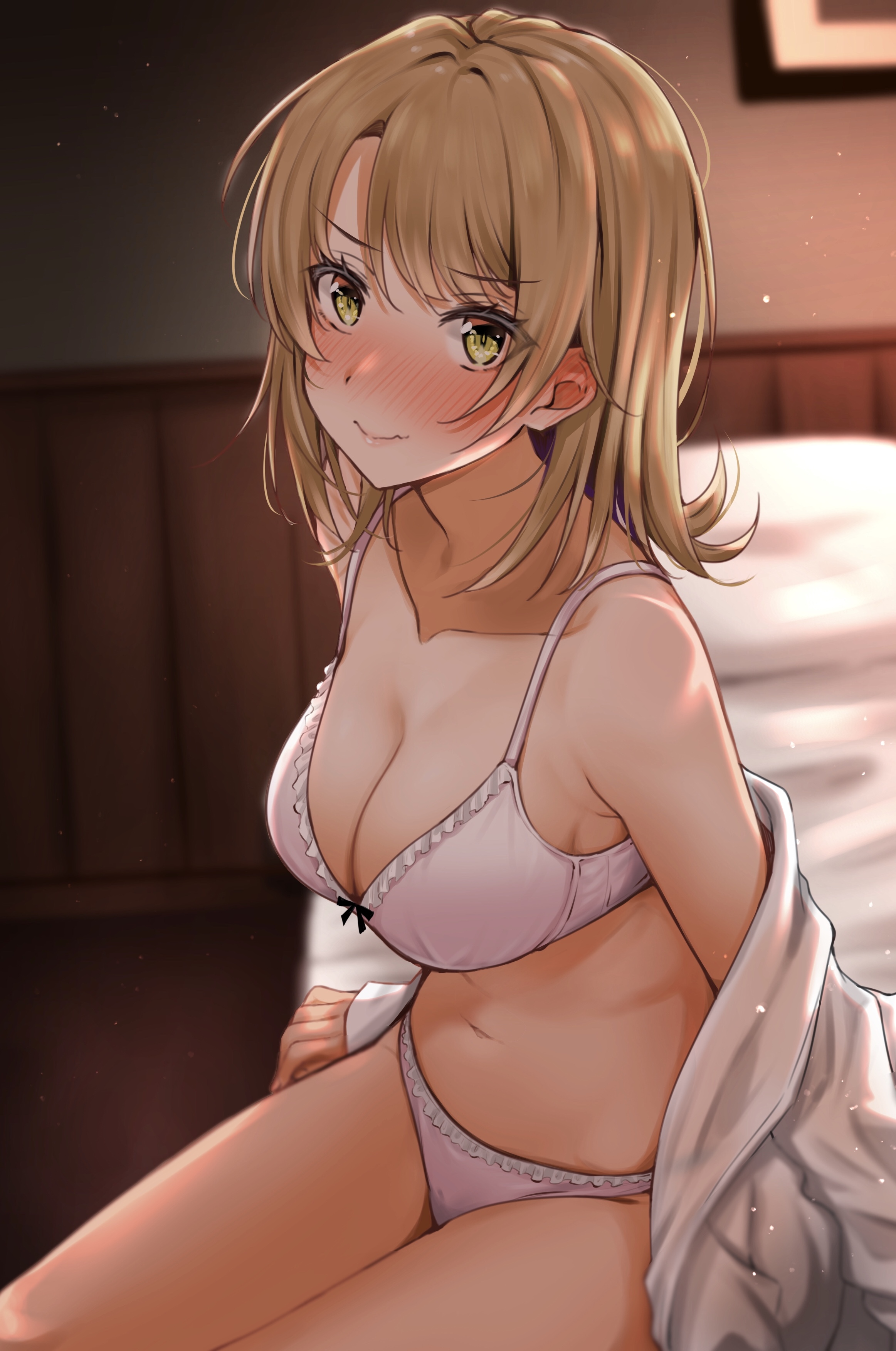 1girls, big breasts, blonde hair, blush, bra, breasts, ear blush, embarrassed, eye contact, female, female only, imminent sex, isshiki iroha, looking at viewer, matching underwear, my teen romantic comedy snafu, navel, nervous, on bed, panties, partially clothed, short hair, sitting, sitting on bed, solo, thighs, underwear, white bra, white panties, white underwear, yellow eyes, 仲町まち