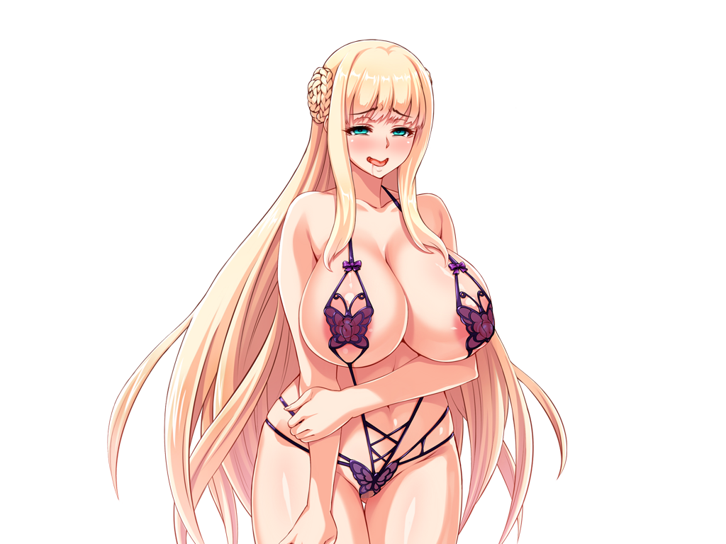 1girls big_breasts blonde_hair breasts butterfly_lingerie drooling elisabeth_von_elstein game_cg half-closed_eyes huge_breasts lingerie milf neromashin oujo_&_onna_kishi_w_dogehin_roshutsu_~chijoku_no_misemono_dorei~ royalty smile