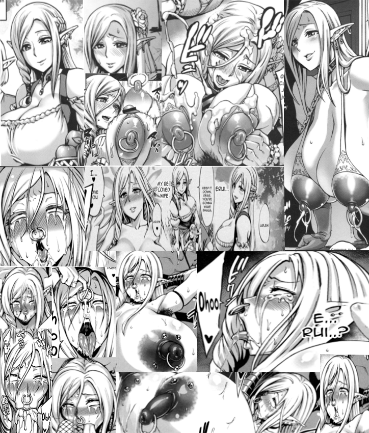 ahe_gao blonde_hair cum doujinshi earrings edit elf elf_ears elui gigantic_breasts houjou_no_reizoku_elf huge_breasts manga moaning neromashin nipple_piercing nose_ring oral pierced_through_clothes pointy_ears rape text tongue