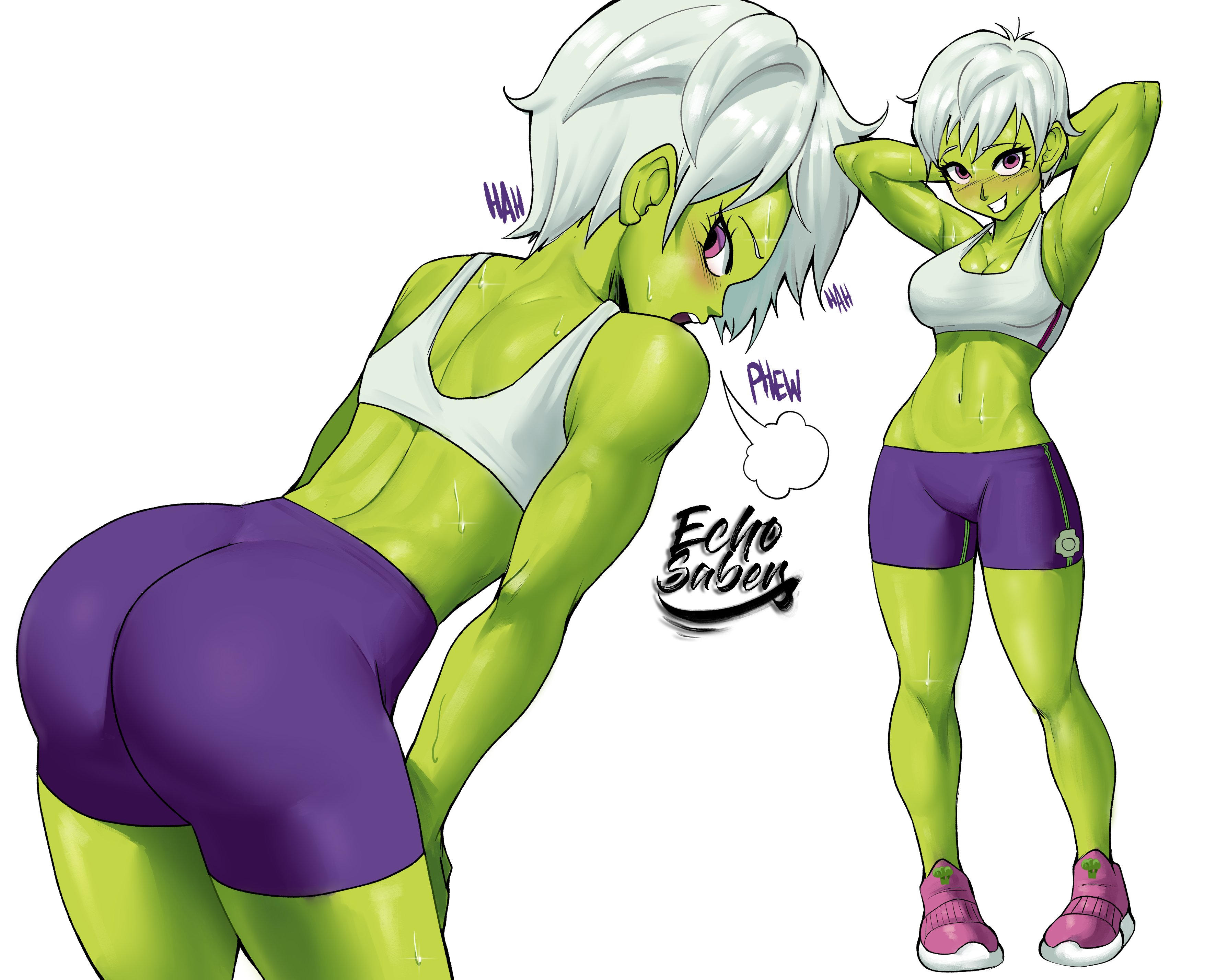 1girls, alien girl, armpits, arms behind head, arms up, ass, ass focus, blush, breasts, cheelai, dragon ball, dragon ball super, echosaber, eye contact, female, fit, fit female, green skin, gym clothes, gym shorts, humanoid, looking at viewer, muscular, muscular female, purple background, short hair, silver hair, solo, spandex shorts, sports bra, standing, sweat, sweatdrop, text, thighs, very short hair, white background, white hair