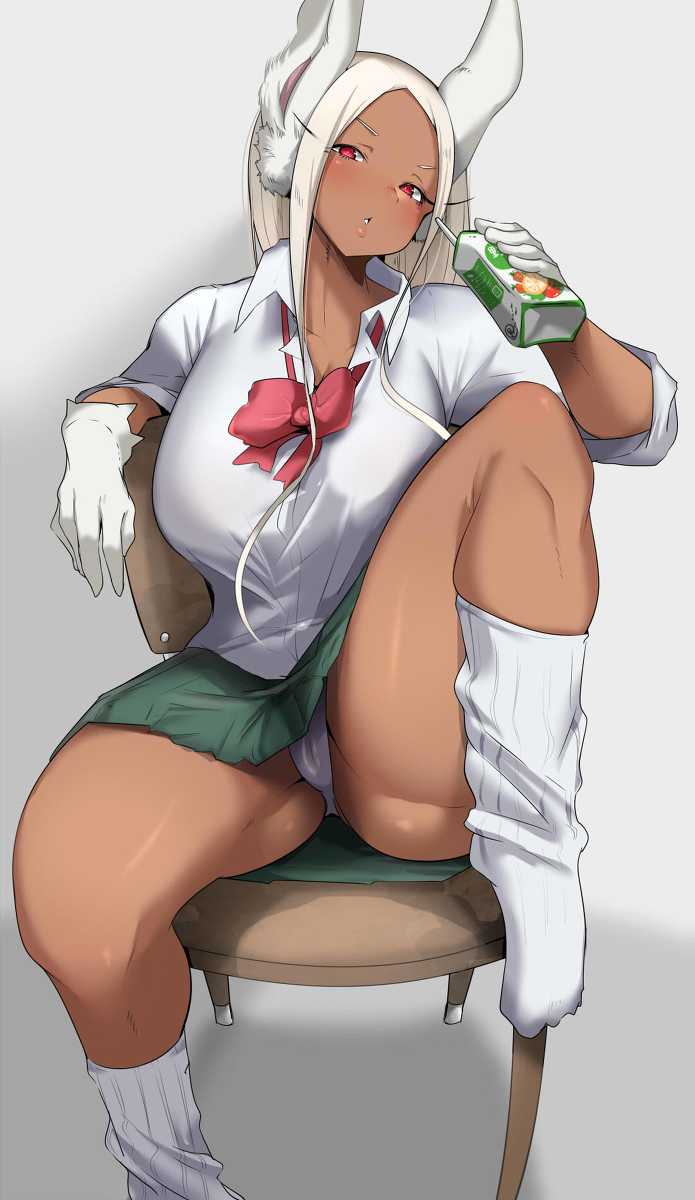 1girls animal_ears big_breasts breasts bunny_ears cameltoe chair clothing dark-skinned_female dark_skin drink eyelashes_visible_through_hair feet female female_only gloves holding_object huge_breasts hyuuman juice juice_box large_breasts long_hair looking_at_viewer miruko my_hero_academia no_shoes panties raised_leg red_eyes ribbon rumi_usagiyama school_uniform schoolgirl shirt sitting sitting_on_chair skirt socks solo thick_thighs toes underwear white_hair