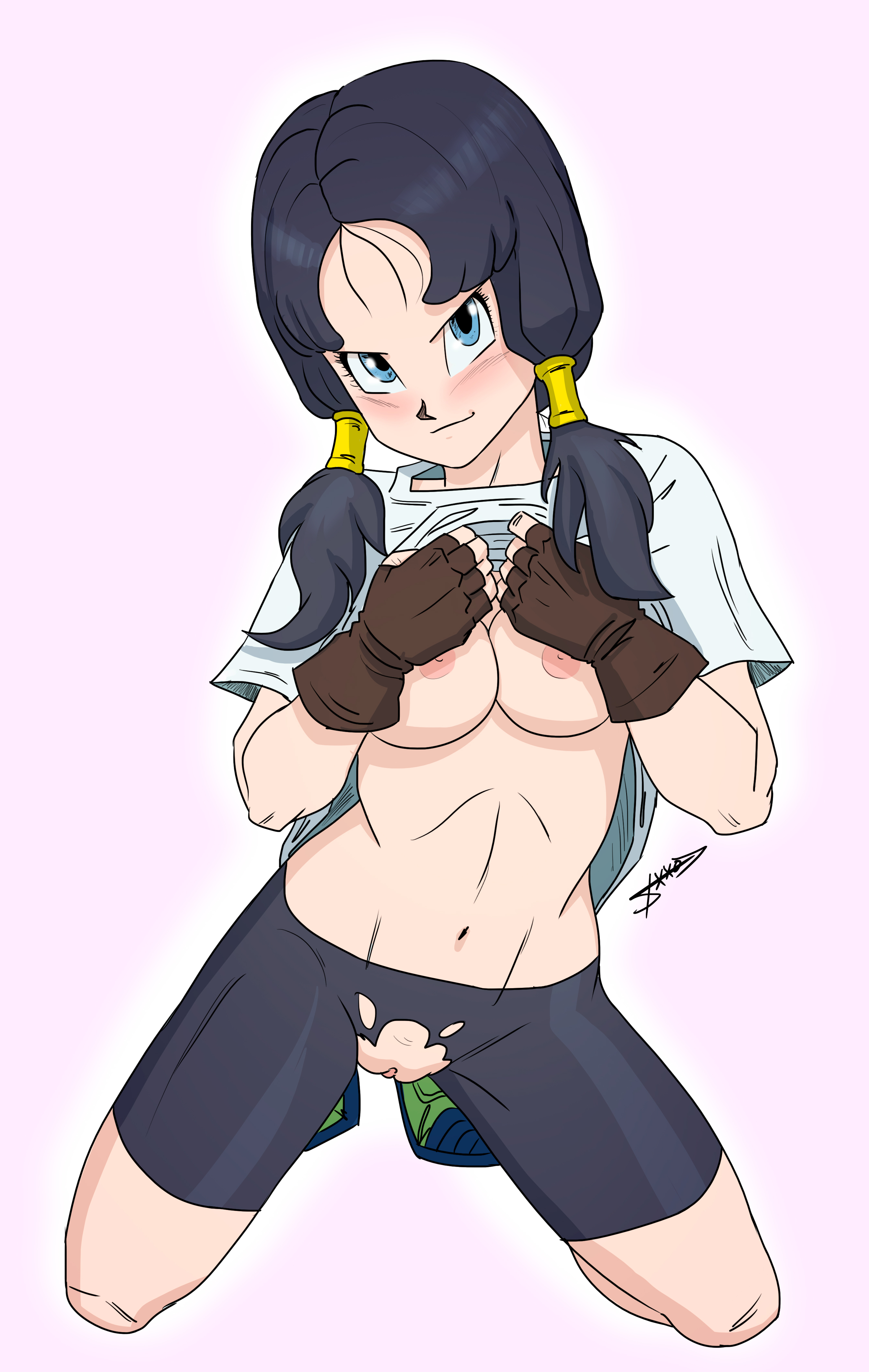 1girls, areolae, bike shorts, black hair, blue eyes, blush, breasts, clothing, dragon ball, dragon ball z, exposed pussy, female, female only, footwear, gloves, kneeling, laceysx, long hair, looking at viewer, nipples, pussy, ripped clothing, ripped shorts, shaved pussy, shirt, shirt lift, shirt up, shounen jump, smile, tied hair, twintails, vagina, videl