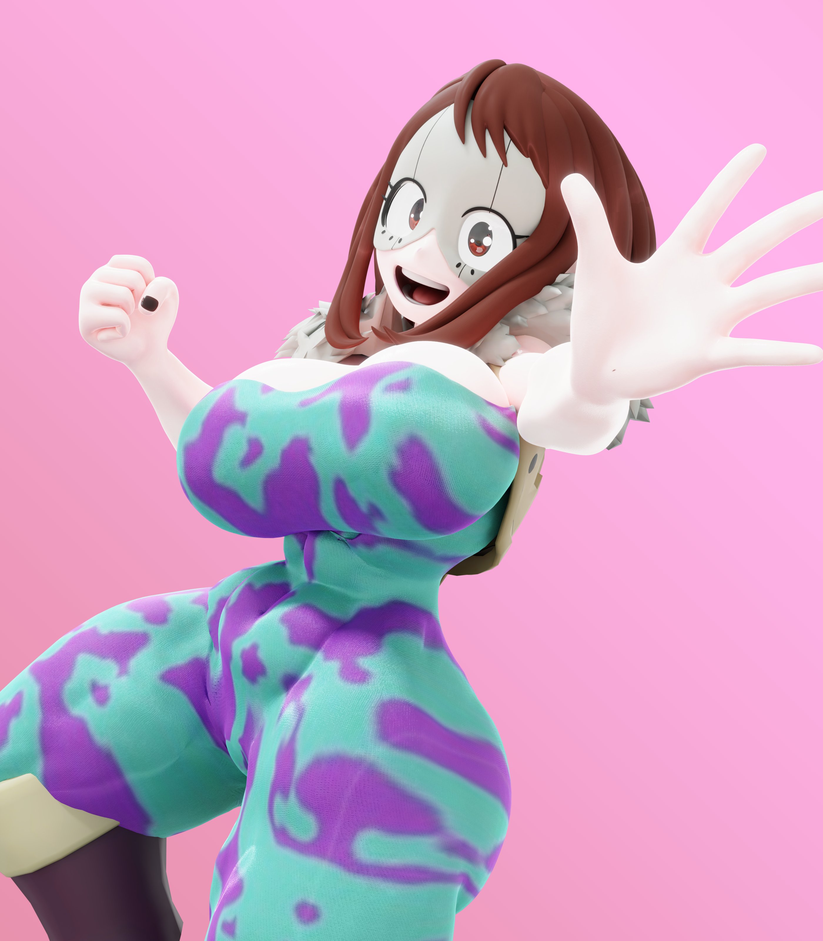 1girls, 3d, big breasts, blender, blender (software), boku no hero academia, breasts, brown eyes, brown hair, cleavage, female, huge breasts, large breasts, looking at viewer, mina ashido (cosplay), my hero academia, neenbeanmachine, ochako uraraka, open mouth, short hair, solo, solo female, solo focus, thick, thick thighs