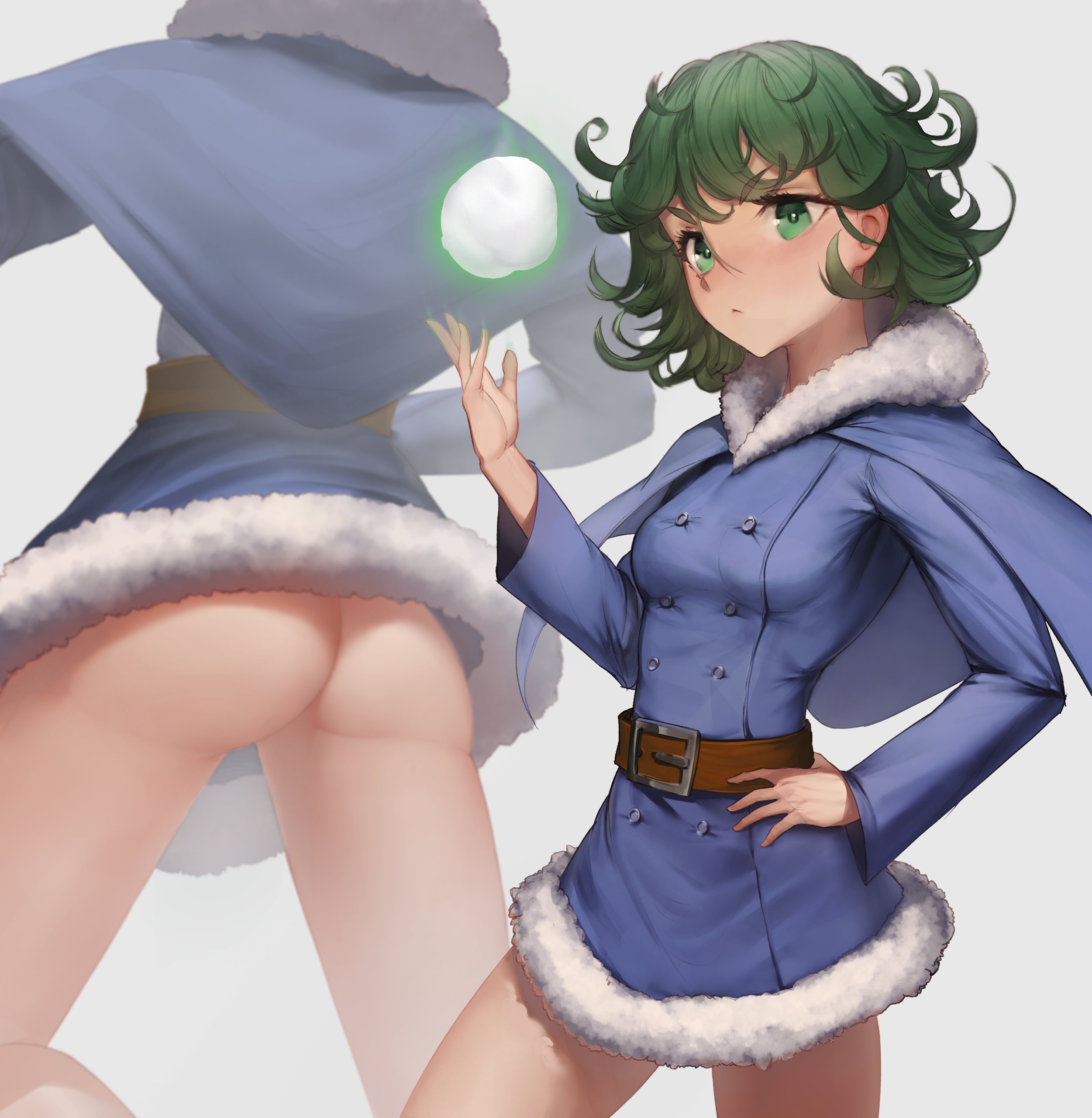 1girls, ass, big ass, big butt, blush, female, female focus, female only, green eyes, green hair, no panties, one-punch man, short hair, tatsumaki