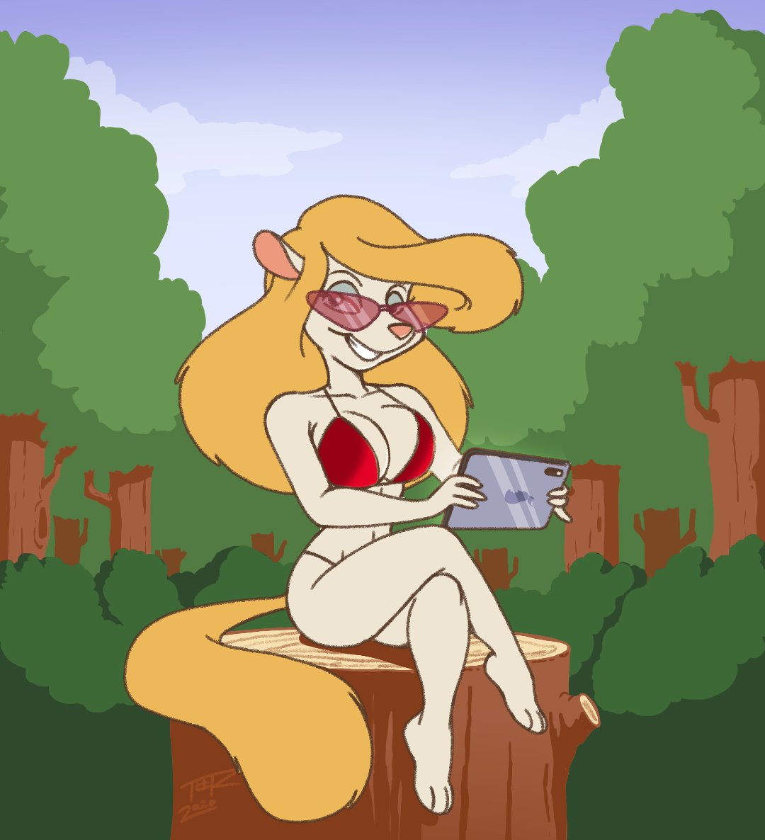 animaniacs anthro bare_shoulders barefoot bikini blonde_hair breasts eyeshadow female legs_crossed minerva_mink phone solo sunglasses teer