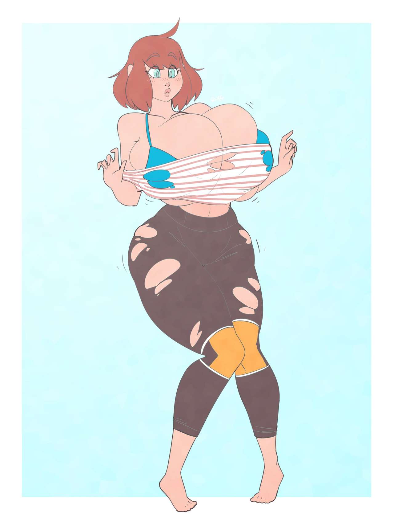 blue eyes, bra, breast expansion, breast growth, breast growth (enlargement), breasts, expansion, female, full body, growing, growth, light blue eyes, orange hair, ripped clothing, ruffsketches (artist), surprised, yoga pants