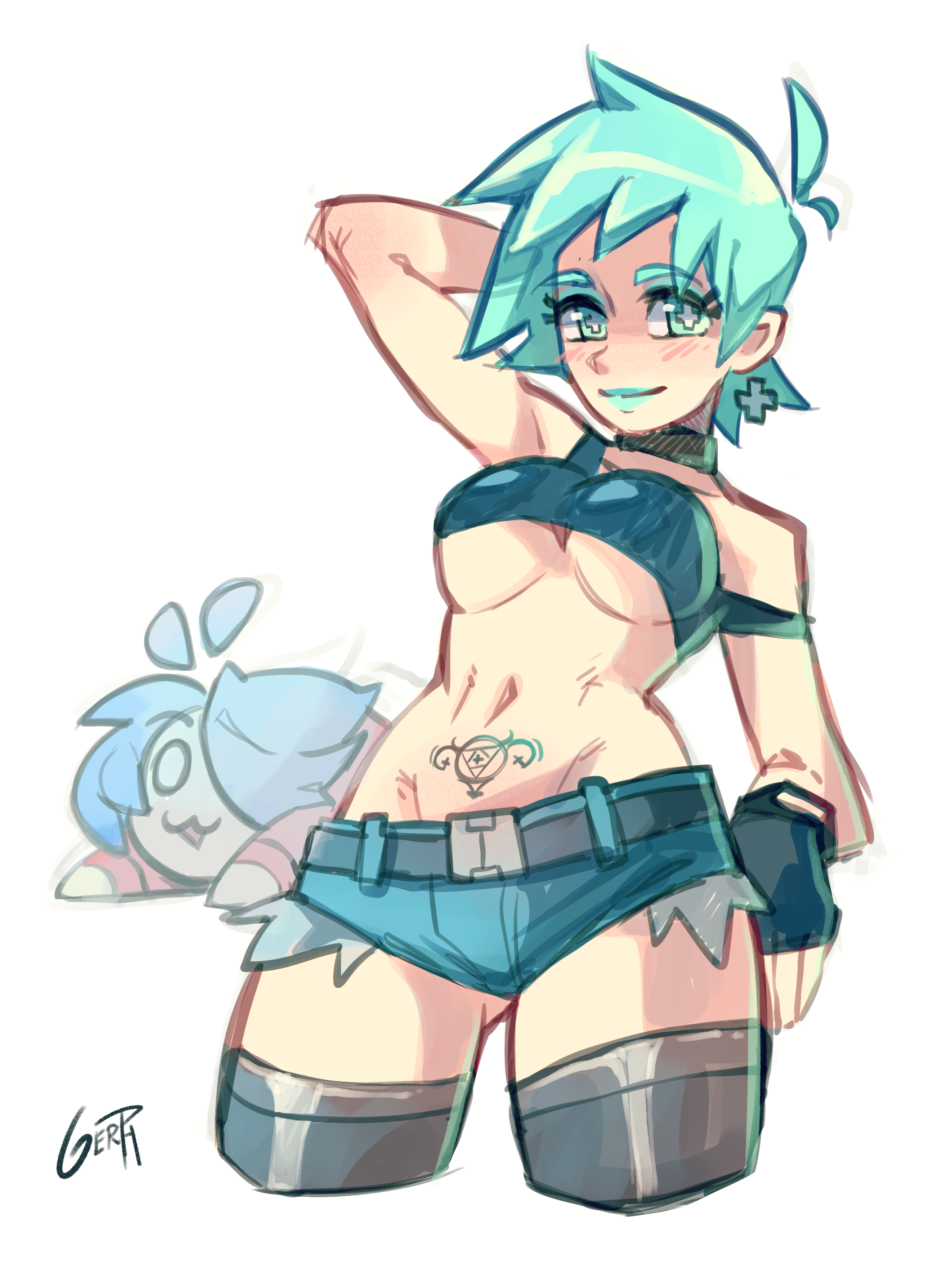 gerph, green lipstick, makeup, mint (skarp world), plushie, pubic tattoo, short shorts, shorts, skarp world, skarpne (skarp world), underboob