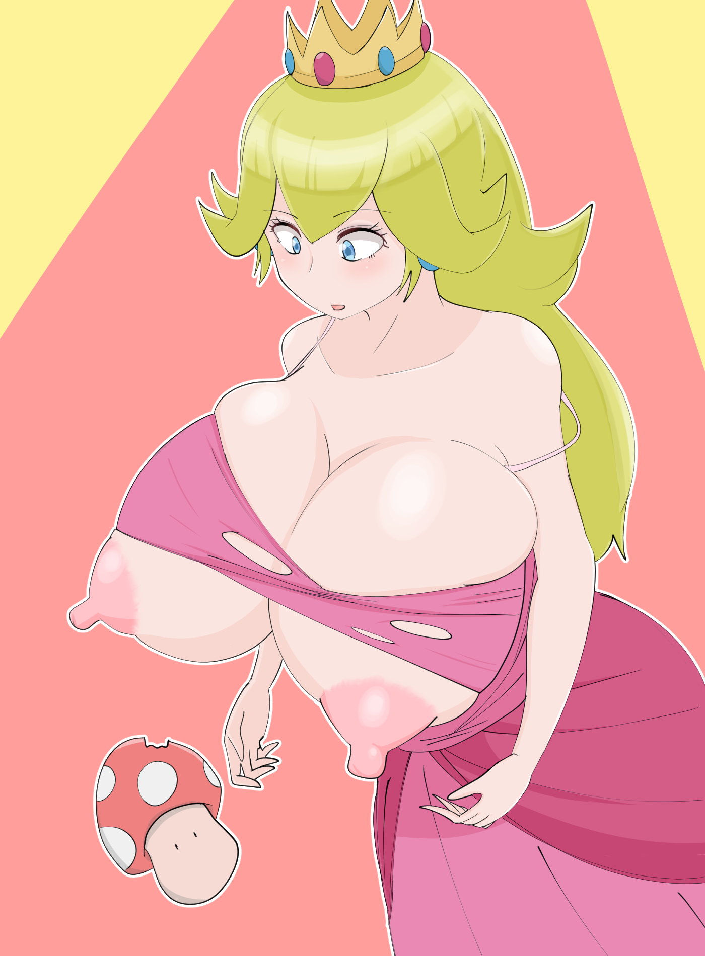 alternate breast size, areolae, big breasts, blush, breast expansion, breast growth, breast growth (enlargement), breasts, embarrassed, expansion, female, female only, huge breasts, hyper breasts, kukanugi, large breasts, mario (series), nintendo, nipples, princess peach, solo, solo female, super mario bros., surprised, torn clothes