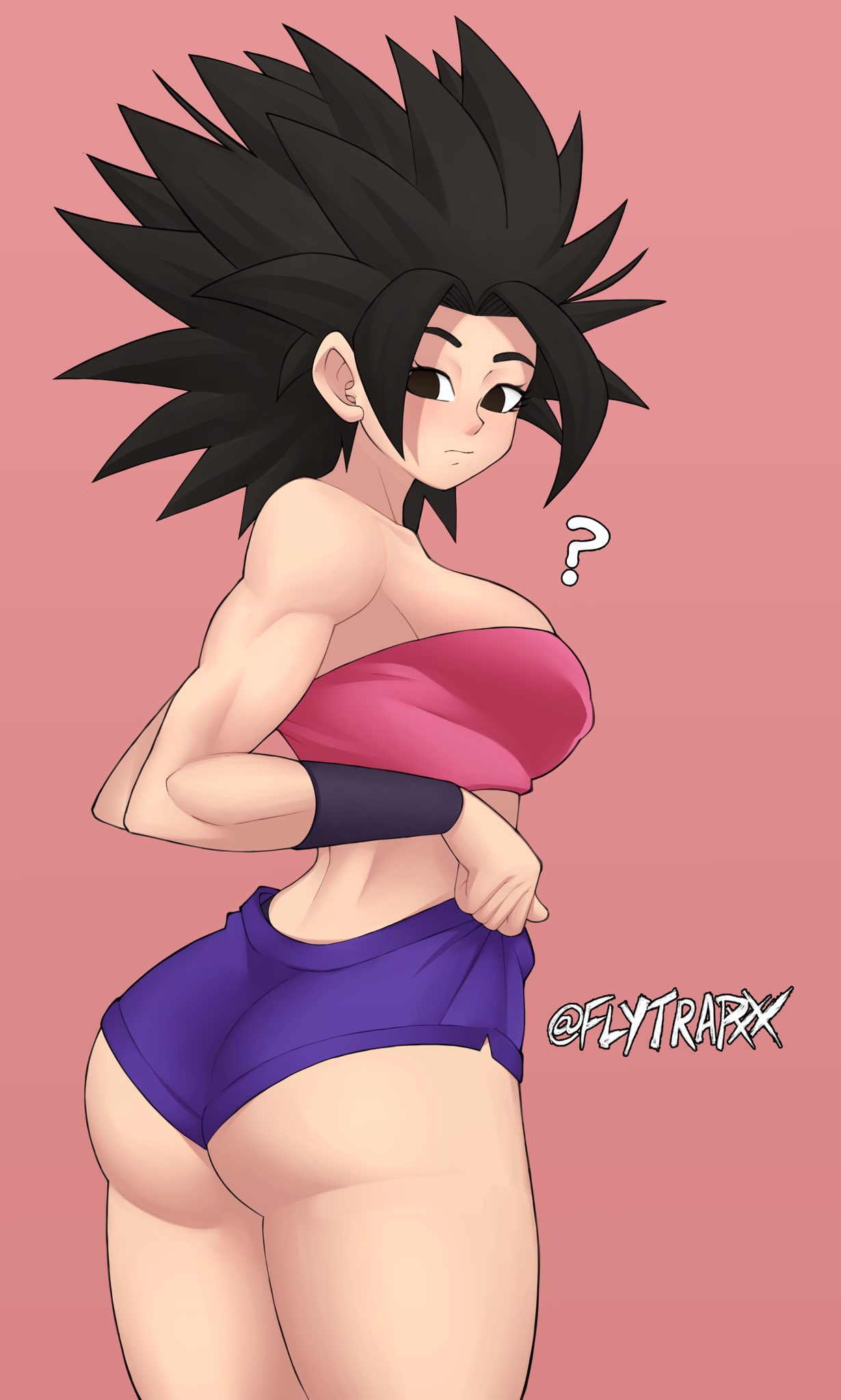 ?, 1girls, ass, big ass, black eyes, breasts, caulifla, dragon ball, dragon ball super, eye contact, female, flytrapxx, looking at viewer, muscular, muscular female, pink background, saiyan, shorts, shorts pull, sideboob, thick thighs, thighs