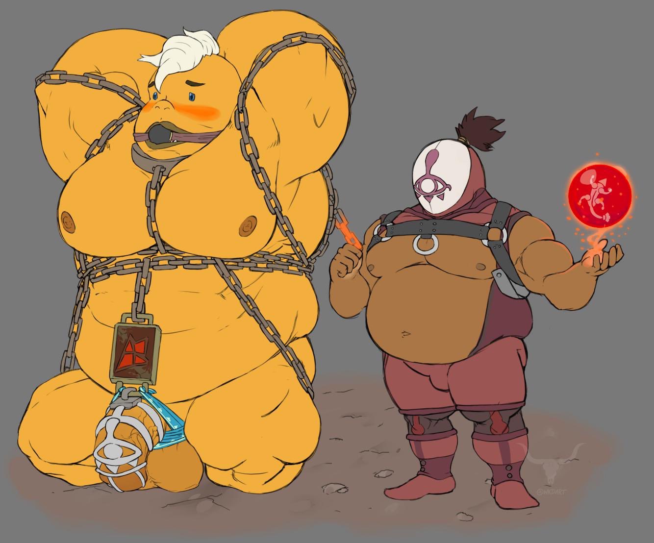 balls blush breath_of_the_wild chained chains chastity_cage chastity_device duo genitals goron humanoid humanoid_genitalia humanoid_hands humanoid_penis male male_only nintendo nipples overweight overweight_male penis simple_background the_legend_of_zelda video_games wkd yiga yiga_clan yunobo