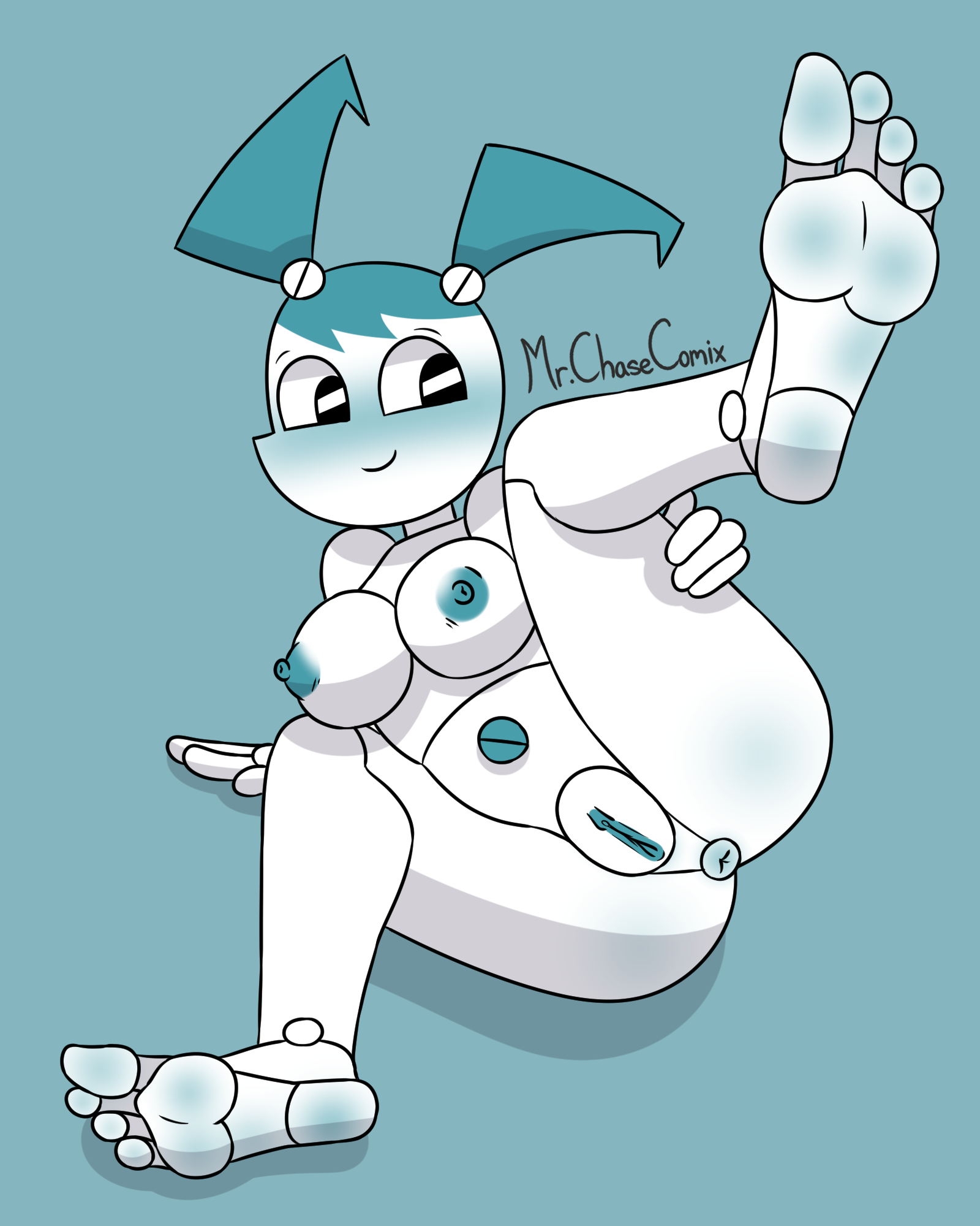 1girls, 4 toes, anus, barefoot, blush, breasts, feet, female, female focus, female only, genitals, hi res, jenny wakeman, machine, mr. chase comix, my life as a teenage robot, nickelodeon, nipples, nude, presenting, pussy, robot, smooth skin, soles, toes, xj-9