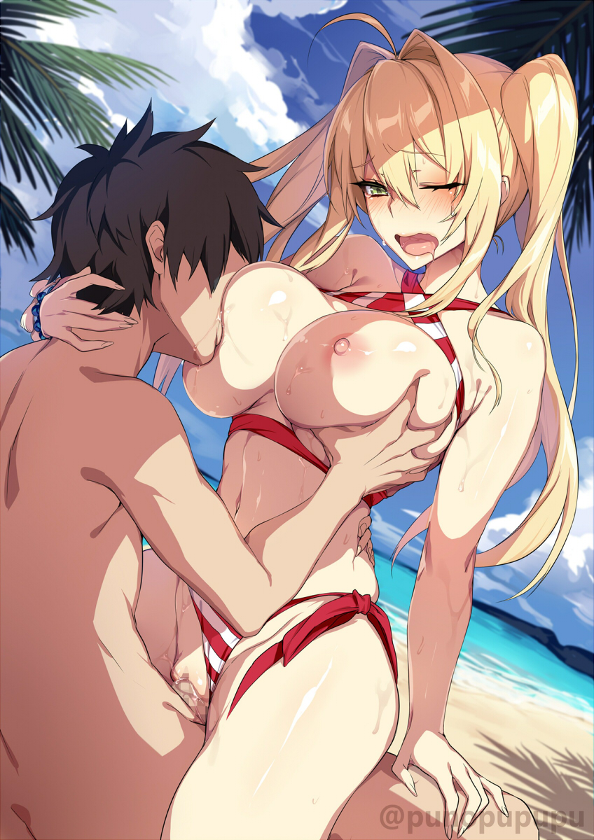 1boy ahoge bangs bikini blonde_hair blush breasts criss-cross_halter fate/grand_order fate_(series) female fujimaru_ritsuka_(male) green_eyes hair_intakes halterneck highres long_hair nero_claudius_(fate) nero_claudius_(swimsuit_caster) open_mouth striped striped_bikini swimsuit twintails zeroshiki_kouichi