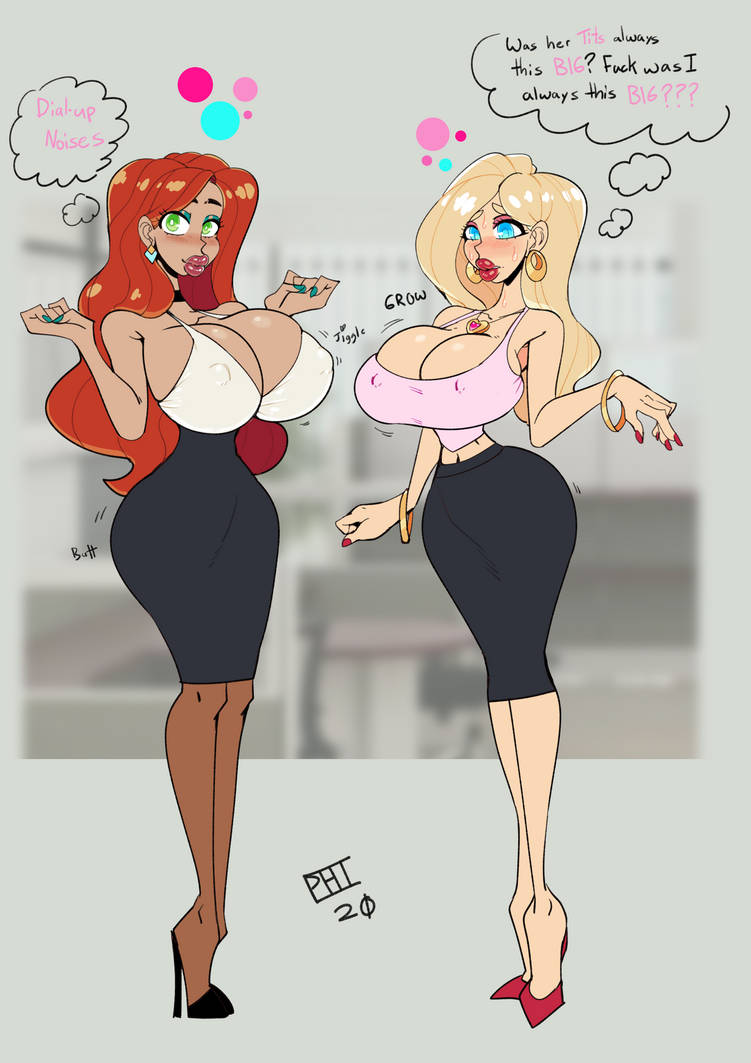 2girls, bimbo, bimbofication, bimbophi, blonde hair, blue eyes, breast expansion, breast growth, breast growth (enlargement), breasts, english text, female, female only, green eyes, high heels, huge breasts, office, red hair, tagme, text
