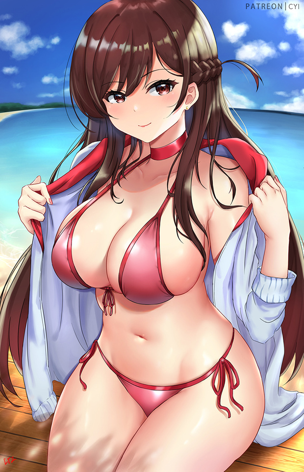 1girls, beach, big breasts, breasts, choker, curvy, cyi, cyicheng, female, female focus, female only, kanojo okarishimasu, large breasts, long hair, mizuhara chizuru, outside, public, solo, tagme (artist), voluptuous