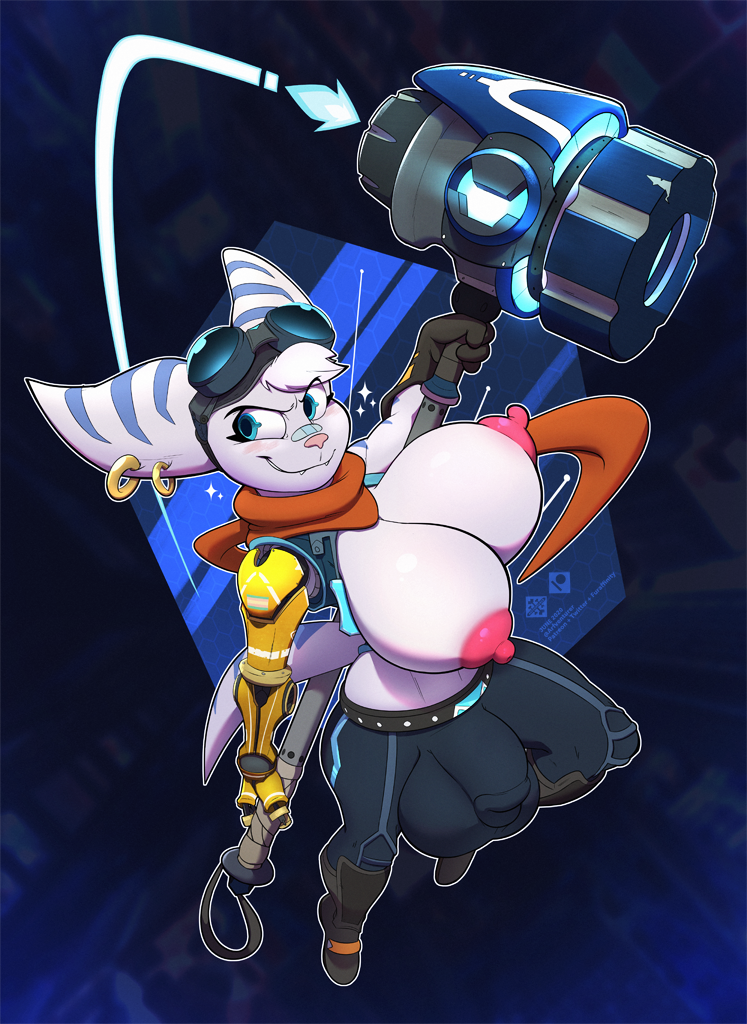 1futa anthro areolae arfventurer balls band-aid bandage blue_eyes blush bouncing_breasts breasts bulge clothed clothing ear_piercing eyewear fangs fingers fur furry futa_only futanari genitals gloves goggles goggles_on_head hair hammer handwear holding_object holding_weapon huge_balls huge_breasts huge_cock intersex lombax mammal markings navel nipples partially_clothed penis piercing pink_nose purple_body purple_fur purple_markings ratchet_and_clank rift_apart_lombax rivet_(ratchet_and_clank) scarf solo solo_futa sony_corporation sony_interactive_entertainment suit tools video_games weapon