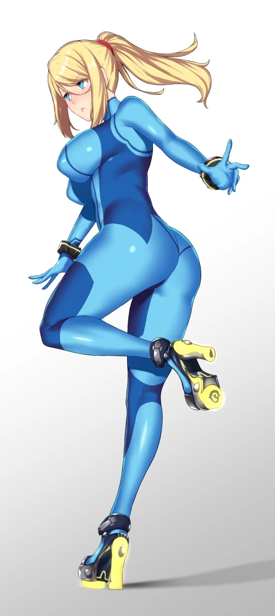 1girls, ass, ass focus, aster crowley, blonde hair, blue eyes, bodysuit, butt focus, female, female focus, female only, full body, metroid, nintendo, ponytail, samus aran, solo, standing on one leg, zero suit, zero suit samus