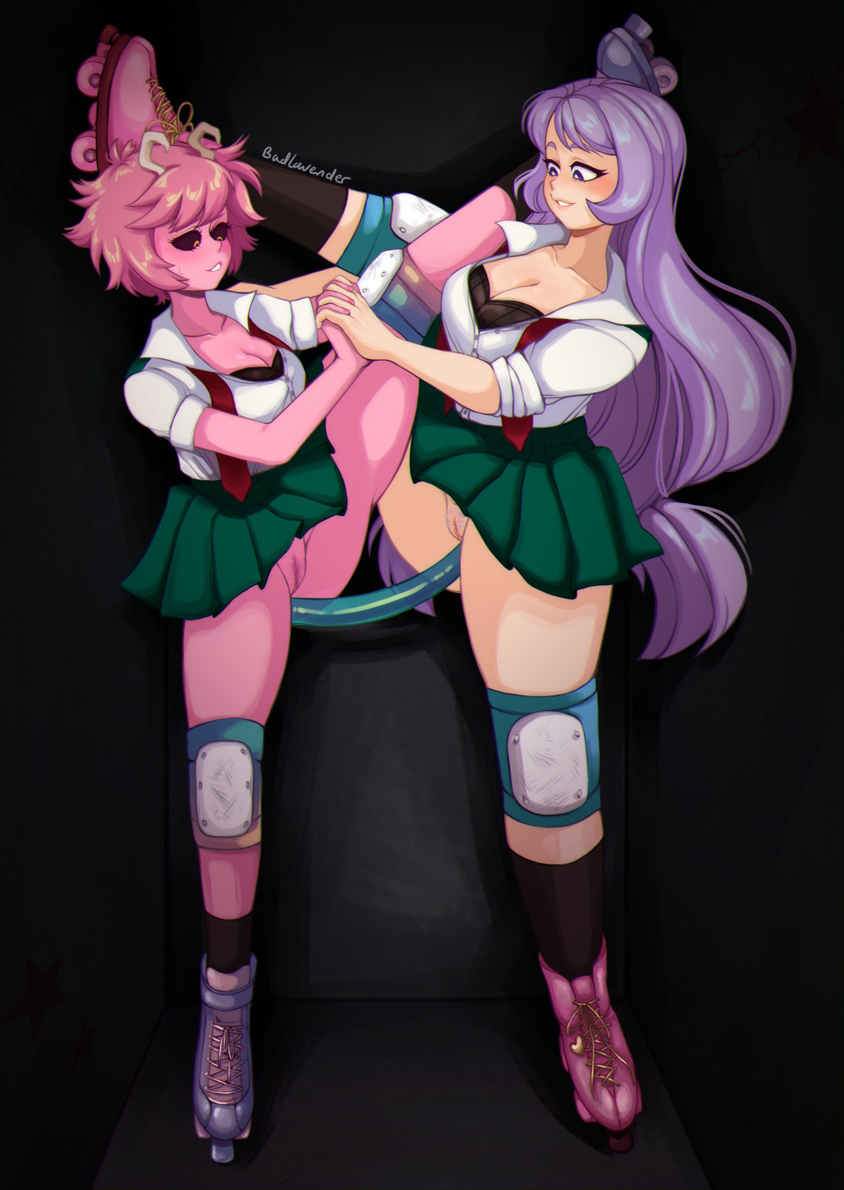 2girls, anal, anal masturbation, badlavender, blue hair, blue-haired female, bottomless, bottomless skirt, double dildo, female, female focus, female only, light blue hair, masturbation, mina ashido, my hero academia, nejire hado, pink hair, pink skin, pink-haired female, pussy, roller skates, rollerblades, rollerskates, shounen jump, upskirt, yuri