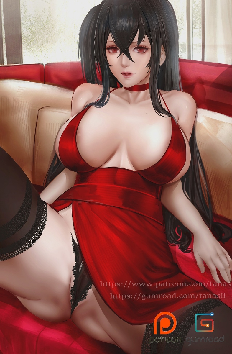 areola_slip areolae azur_lane black_hair breasts dress female gumroad_logo gumroad_username highres large_breasts navel panties parted_lips patreon_logo patreon_username pussy red_dress sherylnome spread_legs taihou_(azur_lane) taihou_(forbidden_feast)_(azur_lane) tanasil thighhighs thighs uncensored underwear