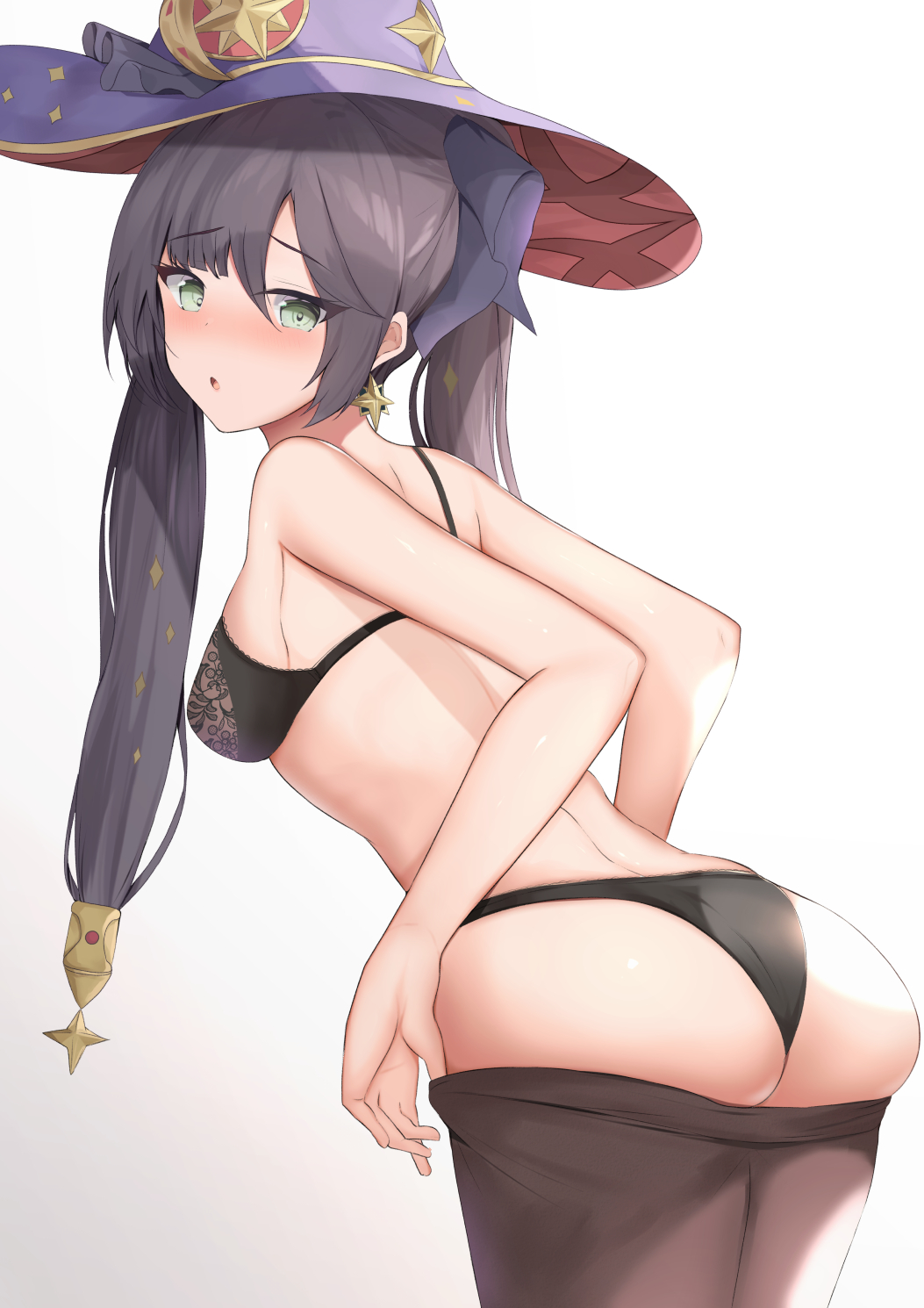 1girls, ass, bra, female, female only, genshin impact, hi res, houraku, mona (genshin impact), panties, tights, undressing
