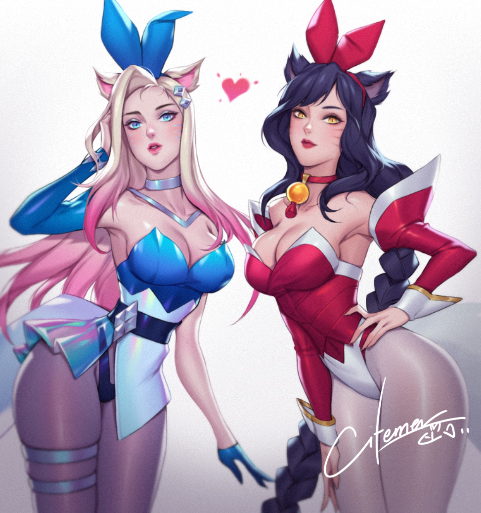 ahri black_hair blonde_hair blue_eyes bunny_ears bunnysuit citemer female k/da_all_out_ahri k/da_all_out_series k/da_series league_of_legends looking_at_viewer riot_games yellow_eyes