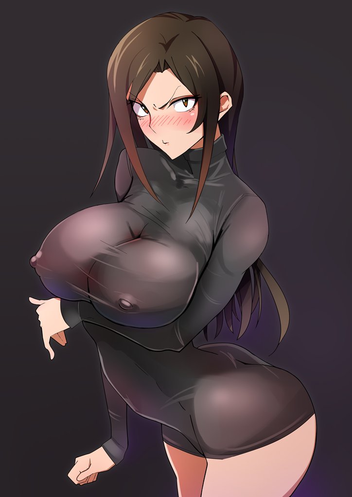 1girls areolae arm_under_breasts artist_request baron_(artist) big_breasts black_dress black_hair blush bottomless breasts clothed clothing dress erect_nipples female female_only idolmaster idolmaster_cinderella_girls looking_at_viewer mukai_takumi nipple_bulge pale_skin partially_clothed pout solo solo_female sweater tight_clothing tight_dress