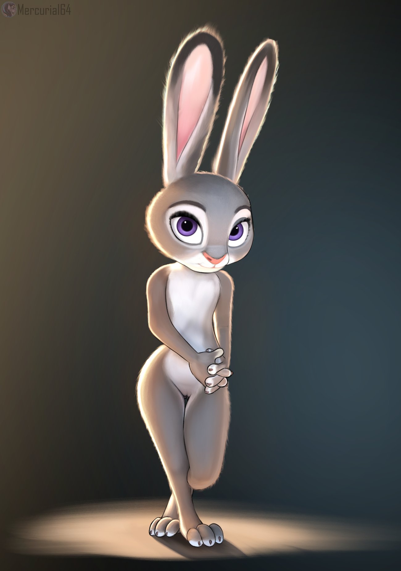 2020 3_toes 4_fingers anthro conditional_dnp disney eyebrows female fingers flat_chest fur genitals hi_res judy_hopps lagomorph leporid long_ears looking_at_viewer mammal mercurial64 purple_eyes pussy rabbit shadow simple_background solo toes zootopia