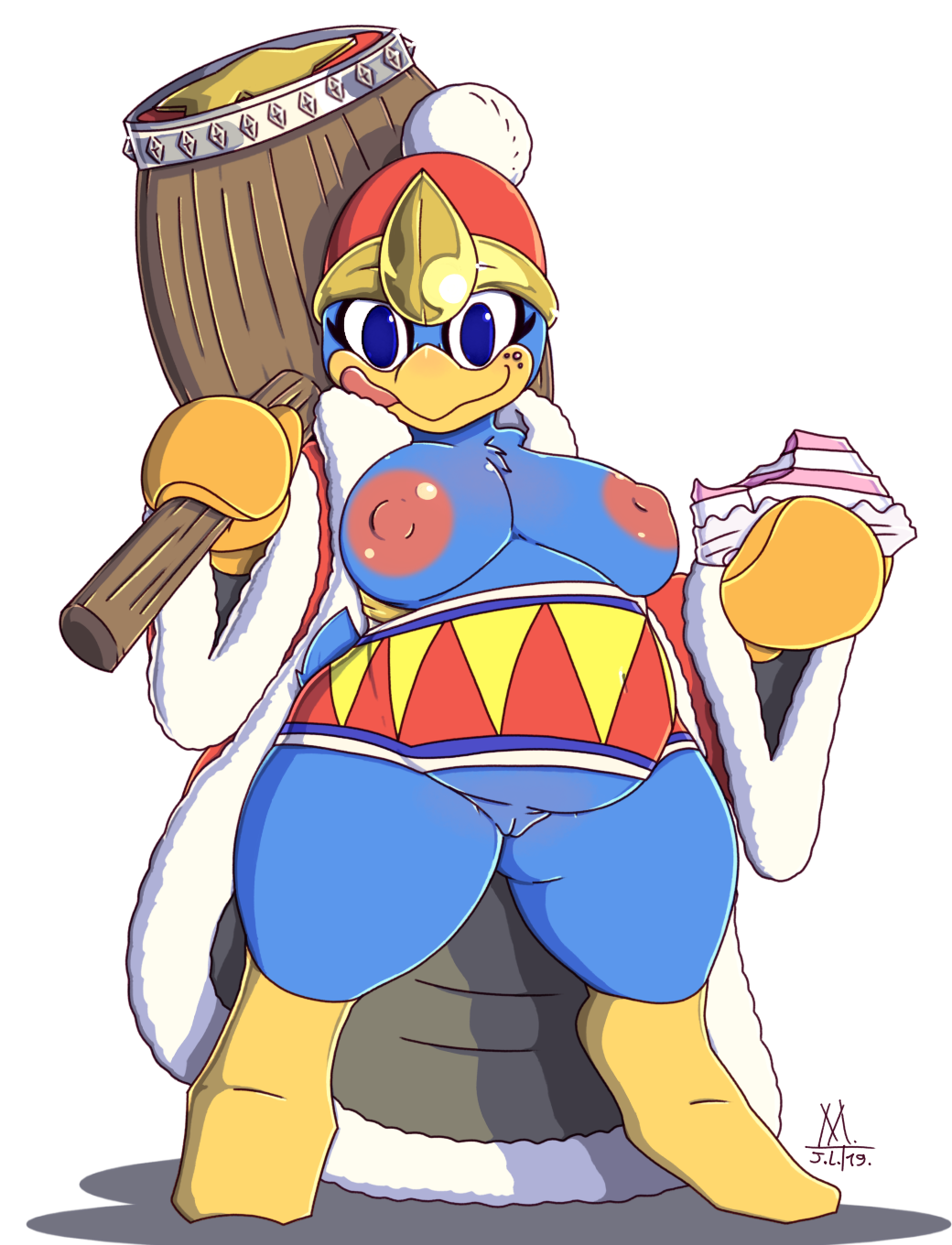 2019 alpha_channel anthro avian beak belly bird bottomless breasts clothed clothing female front_view full-length_portrait genitals hammer hat headgear headwear hi_res holding_hammer holding_object holding_weapon king_dedede kirby_(series) licking licking_lips licking_own_lips meatboom mtf_crossgender nintendo nipples non-mammal_breasts overweight overweight_anthro overweight_female penguin portrait pussy rule_63 self_lick simple_background solo standing tongue tongue_out tools transparent_background video_games weapon