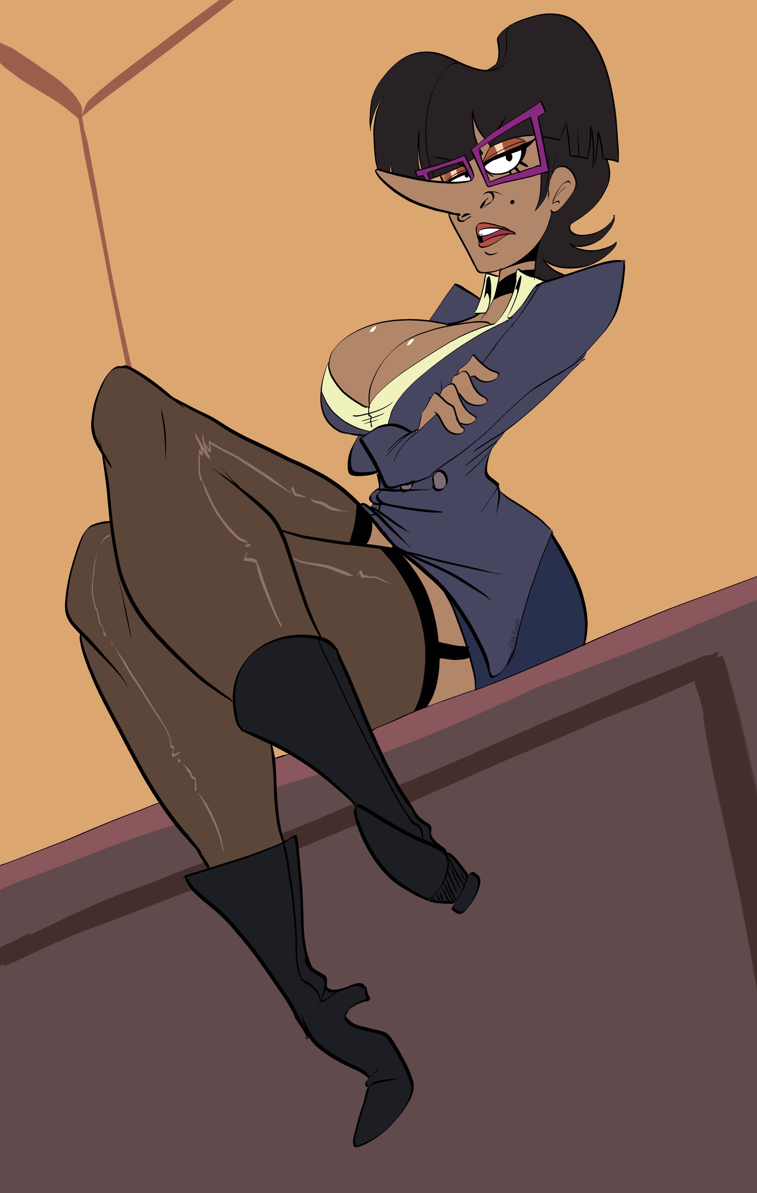 animaniacs, animaniacs (2020), arms crossed, breasts, cleavage, curvaceous, female, from below, garter belt, hips, huge breasts, large breasts, long legs, long nose, mature female, mr kenen, mrkenen, nora rita norita, pantyhose, thick thighs, thighs, voluptuous, warner brothers