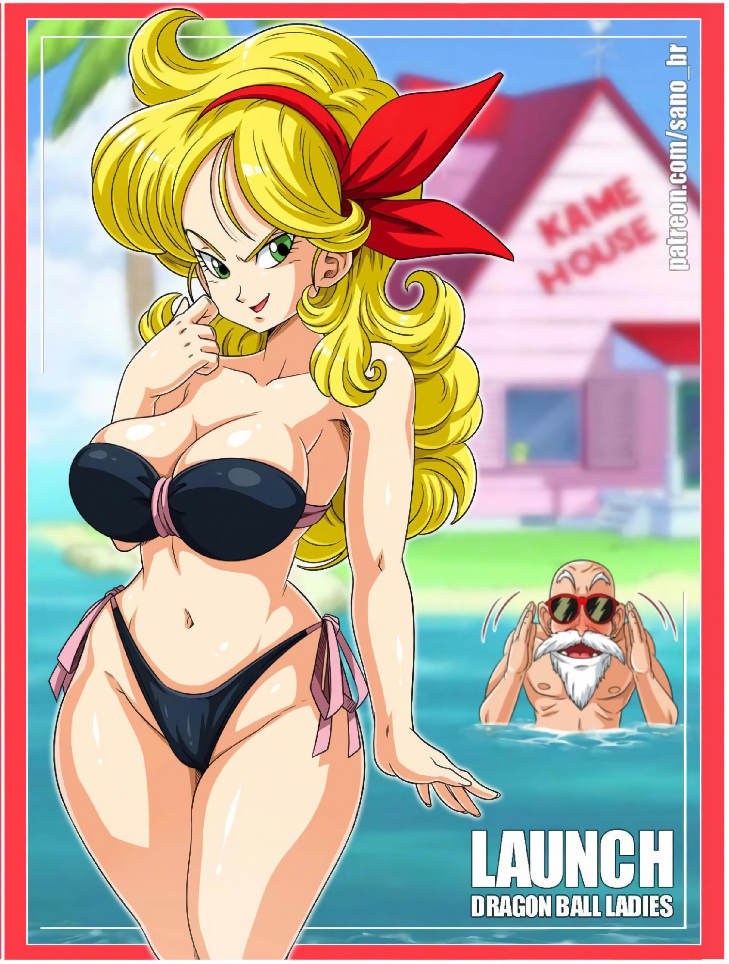 1girls, artist name, bad launch, bangs, beach, belly, belly button, big breasts, bikini, bikini bottom, bikini top, black bikini, blonde hair, border, bow, bow tie, bowtie, breasts, cameltoe, character name, cleavage, cleft of venus, curly hair, curvaceous, curvy, curvy figure, dragon ball, dragon ball (classic), dragon ball super, dragon ball z, female, female focus, green eyes, groin, hair ornament, hi res, high resolution, highleg, highleg bikini, highleg swimsuit, highres, hourglass figure, house, kame house, labia, large breasts, launch, legs together, light skin, light-skinned female, linea alba, long hair, looking at viewer, lunch (dragon ball), male, master roshi, naughty face, navel, parted bangs, partially visible vulva, patreon username, pose, posing, pussy, red border, sano-br, shiny, shiny skin, shounen jump, side-tie bikini, slim waist, smile, swimsuit, thick thighs, thighhighs, thighs, thin waist, v, wide eyed, wide hips