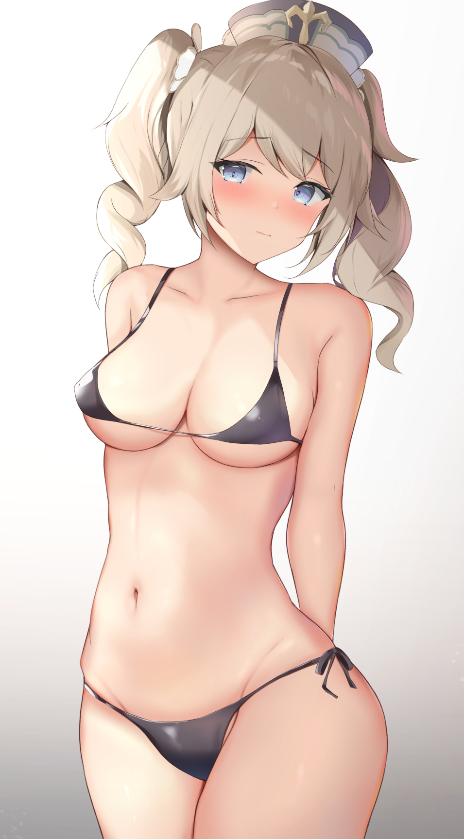 1girls, barbara (genshin impact), bikini, black bikini, bra, breasts, female, genshin impact, hi res, houraku, looking at viewer, navel, nun, panties, twintails
