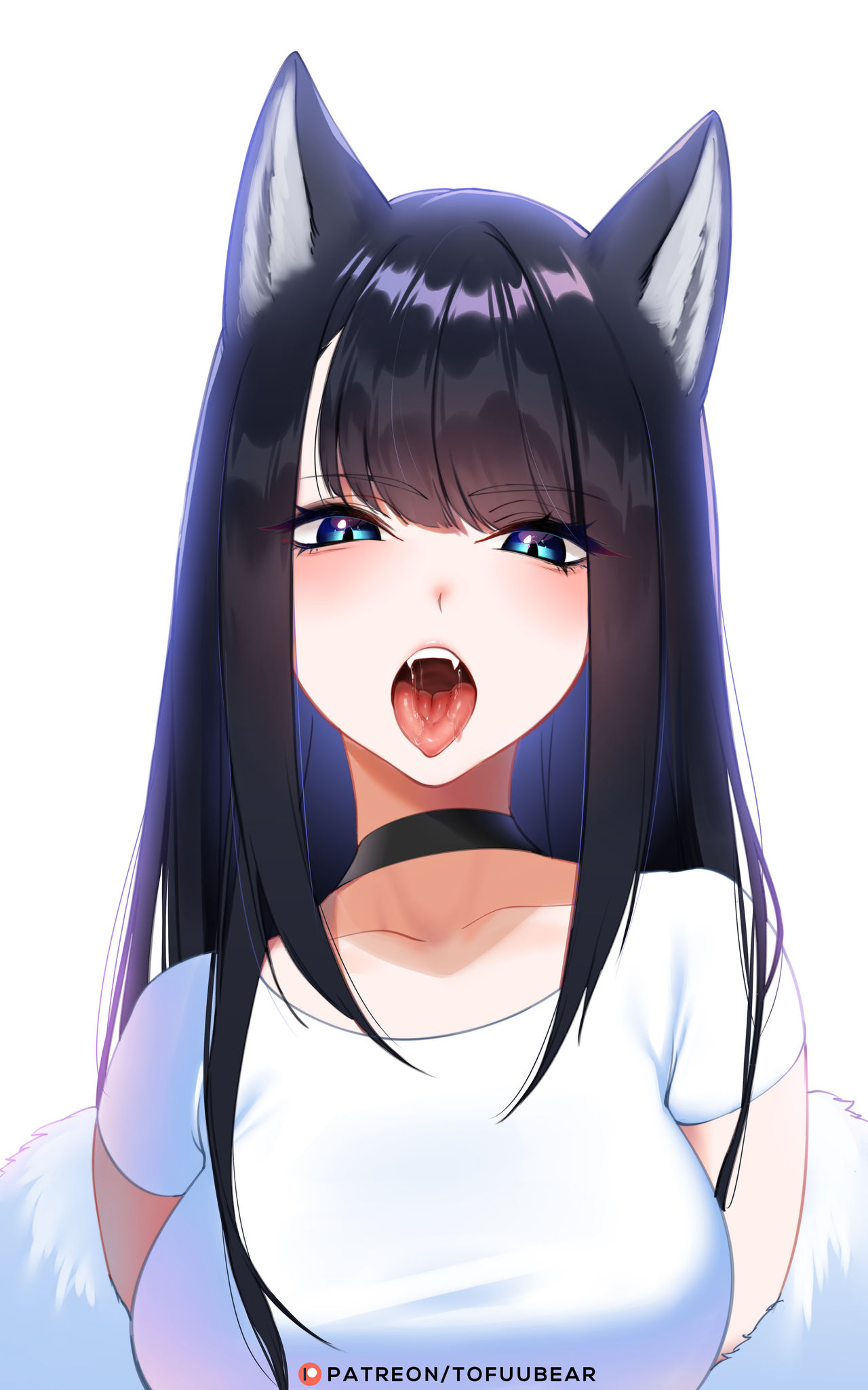 1girls animal_ears black_hair blue_eyes choker fangs female open_mouth original original_character pale_skin presenting_mouth reiko_(tofuubear) solo tagme throat tofuubear tongue tongue_out white_shirt wolf_ears