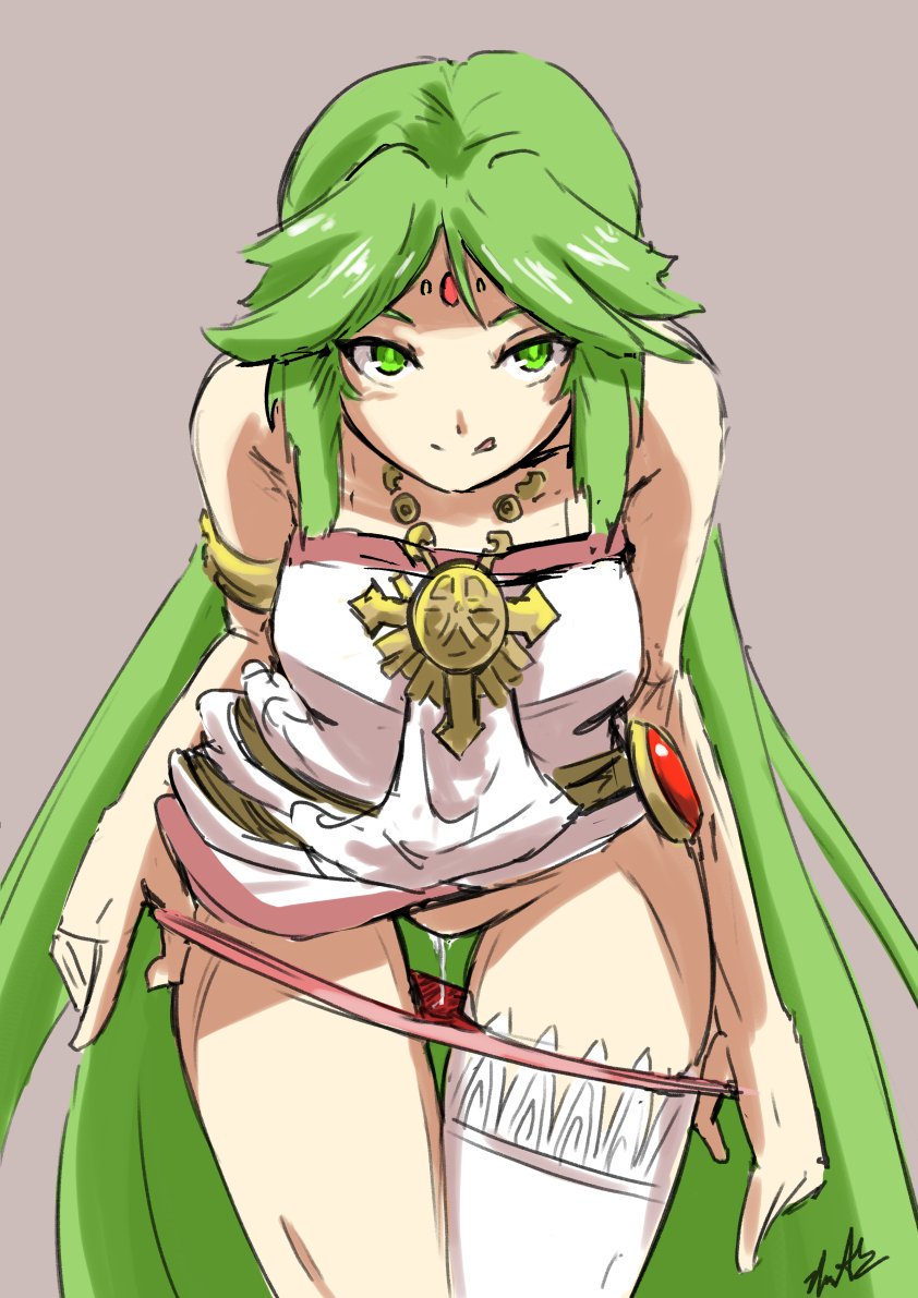 automatic giraffe, bedroom eyes, come hither, dress lift, fair skin, fair-skinned female, female, fully clothed, green eyes, green hair, kid icarus, licking lips, light skin, light-skinned female, long hair, looking at viewer, naughty face, nintendo, palutena, panties, panty pull, pink panties, pussy, removing underwear, wet pussy