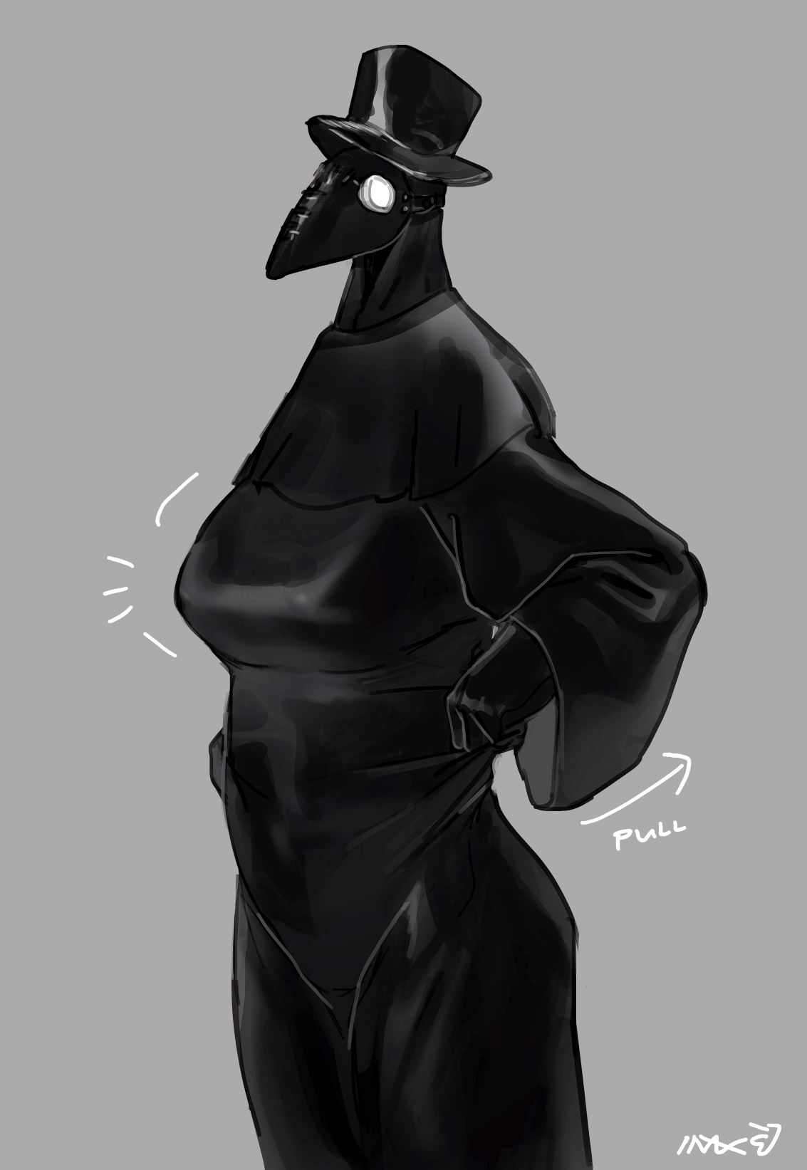 1girls, bebebebebe, big breasts, breasts, clothes pull, female, female only, grey background, hi res, looking at viewer, nipple bulge, plague doctor, plague doctor mask, solo, top hat
