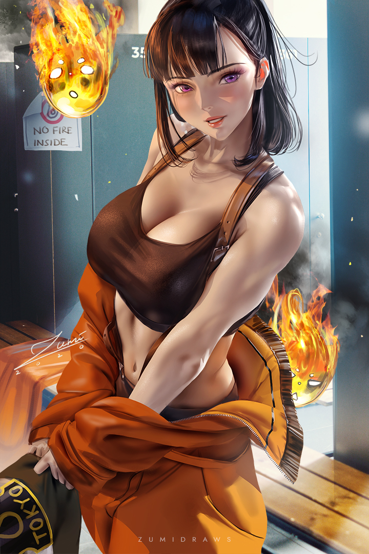 1girls bangs big_breasts black_hair cleavage cowboy_shot enen_no_shouboutai female female_focus female_only fire_force flirting large_breasts locker_room long_hair looking_at_viewer open_mouth open_smile oze_maki pinup pose posing pushing_breasts_together smile smiling_at_viewer solo solo_female solo_focus sports_bra standing sweat sweating tagme topless undressing zumi zumi_(zumidraws)