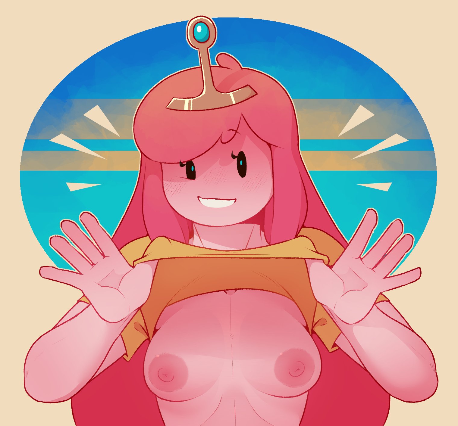 1girls, adventure time, areolae, breasts, dabble, female, female only, flashing, looking at viewer, medium breasts, nipples, open mouth, presenting, presenting breasts, princess bubblegum, shirt lift, smile, solo, teeth
