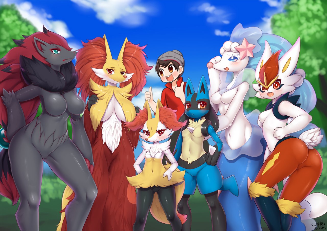 1boy, 6girls, anthro, ass, big ass, big breasts, black fur, blue eyes, blue fur, blush, braixen, breasts, canine, cinderace, claws, clothing, cute, cute fang, delphox, featureless breasts, female, fluffy, fluffy tail, fur, furry, grass, happy, heart, human, looking at another, looking at viewer, lucario, male, mammal, multiple females, multiple girls, naked, nintendo, nipples, open mouth, pawpads, paws, pokemon, pokemon (species), pokemon ss, primarina, pussy, red eyes, red hair, spikes, sweat, tail, tailwag, tongue, tongue out, trees, victor (pokemon), white fur, wolflong, yellow body, yellow fur, zoroark