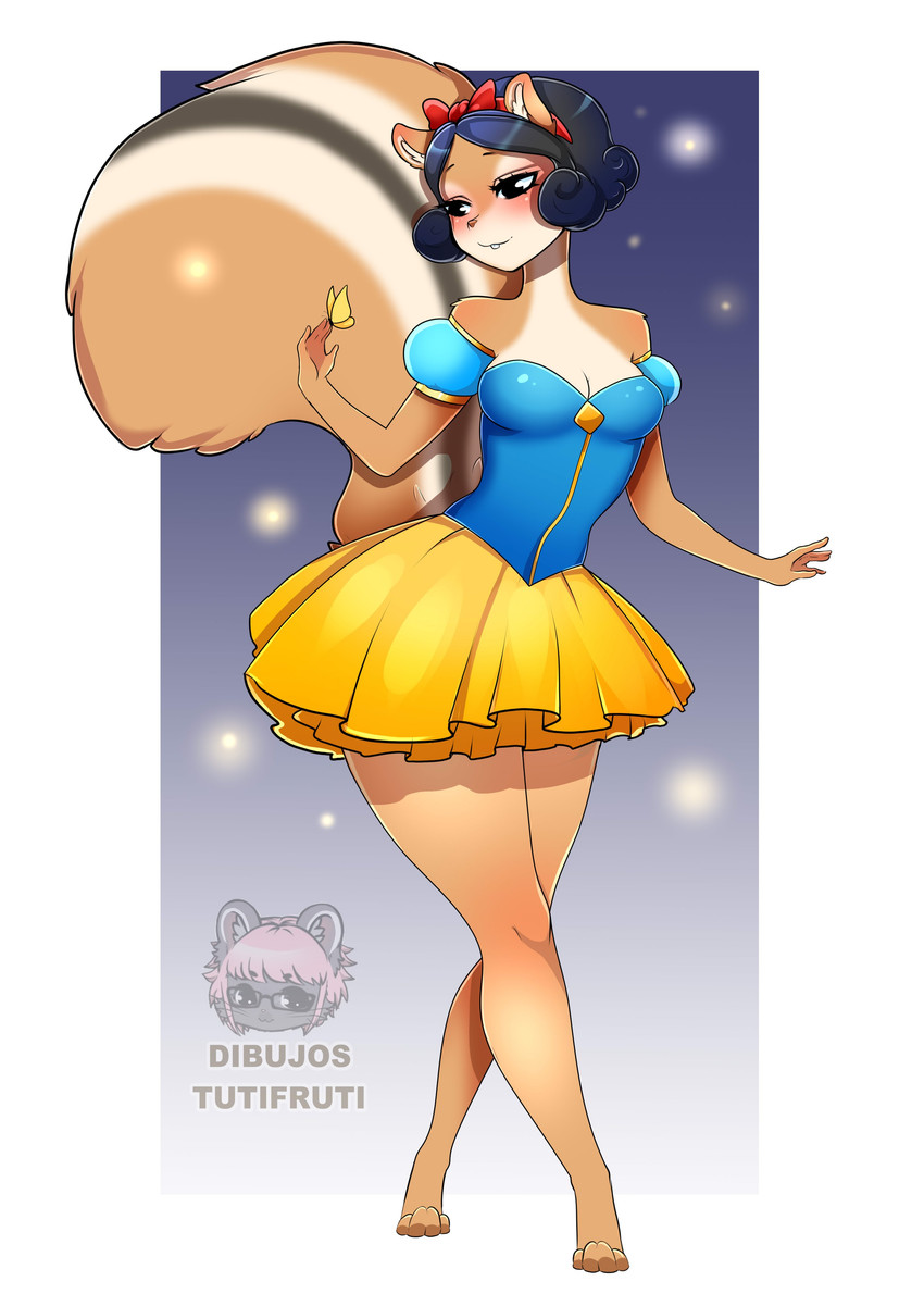 abstract background, absurd res, accessory, alternate species, anthro, black hair, breasts, clothed, disney, disney princess, female, fur, hair, hair accessory, hair ribbon, hairbow, hi res, mammal, medium breasts, princess, ribbons, rodent, royalty, sciurid, sciurid humanoid, skirt, snow white (disney), snow white and the seven dwarfs (1937 film), solo, species transformation, squirrel, squirrel humanoid, squirrel tail, thick thighs, transformation, tutifruti (artist), watermark
