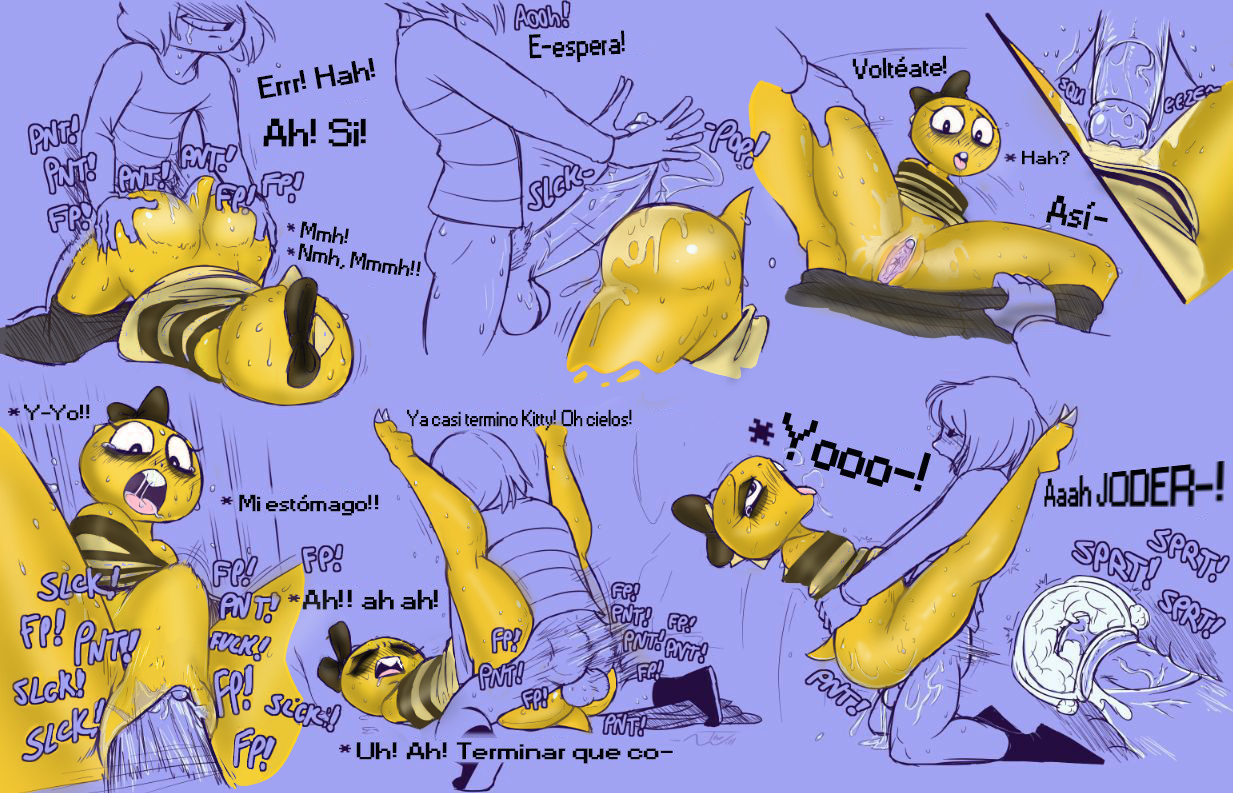 1boy, 1girls, ass, big ass, big butt, big penis, blush, bulge, cave, cervical penetration, edit, edited, female, frisk, frisky (under (her) tail), from behind, hanon (editor), happy sex, huge cock, human, kitty (under (her) tail), male, mammal, monster kid, penetration, penis, saliva, spanish text, stomach bulge, straight, sweat, tears, text, thewill, under (her) tail, undertale, undertale fanfiction, video games
