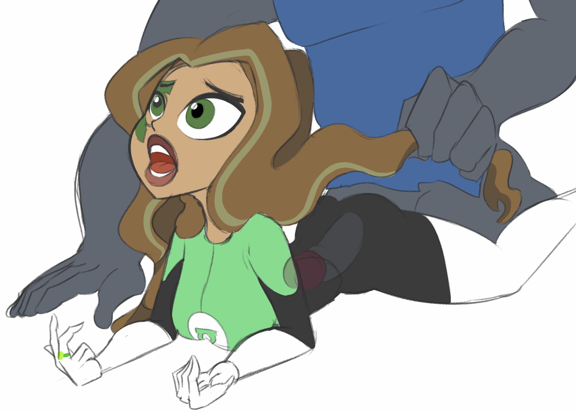 1boy, 1girls, ambiguous penetration, anal, anal sex, artist request, bent over, brown hair, clothed sex, dark skin, dark-skinned female, darkseid, dc, dc comics, dc super hero girls, deep penetration, defeated, doggy style, female, female superhero, from behind, green eyes, green lantern, jessica cruz, jessica cruz (shg), long hair, male, partial male, prone bone, pulling hair, pussy, rape, sex, superhero, superheroine, vaginal penetration, x-ray