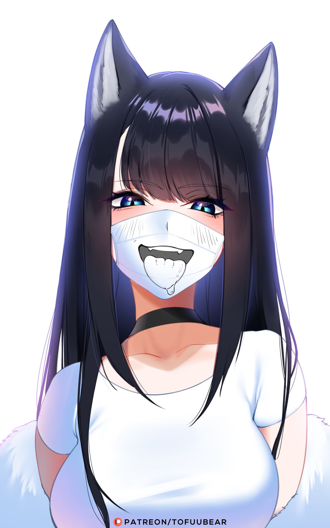 black hair, blue eyes, choker, face mask, mask, original, reiko (tofuubear), saliva, shirt, tagme, tofuubear, tongue, tongue out, white background, white shirt, wolf ears