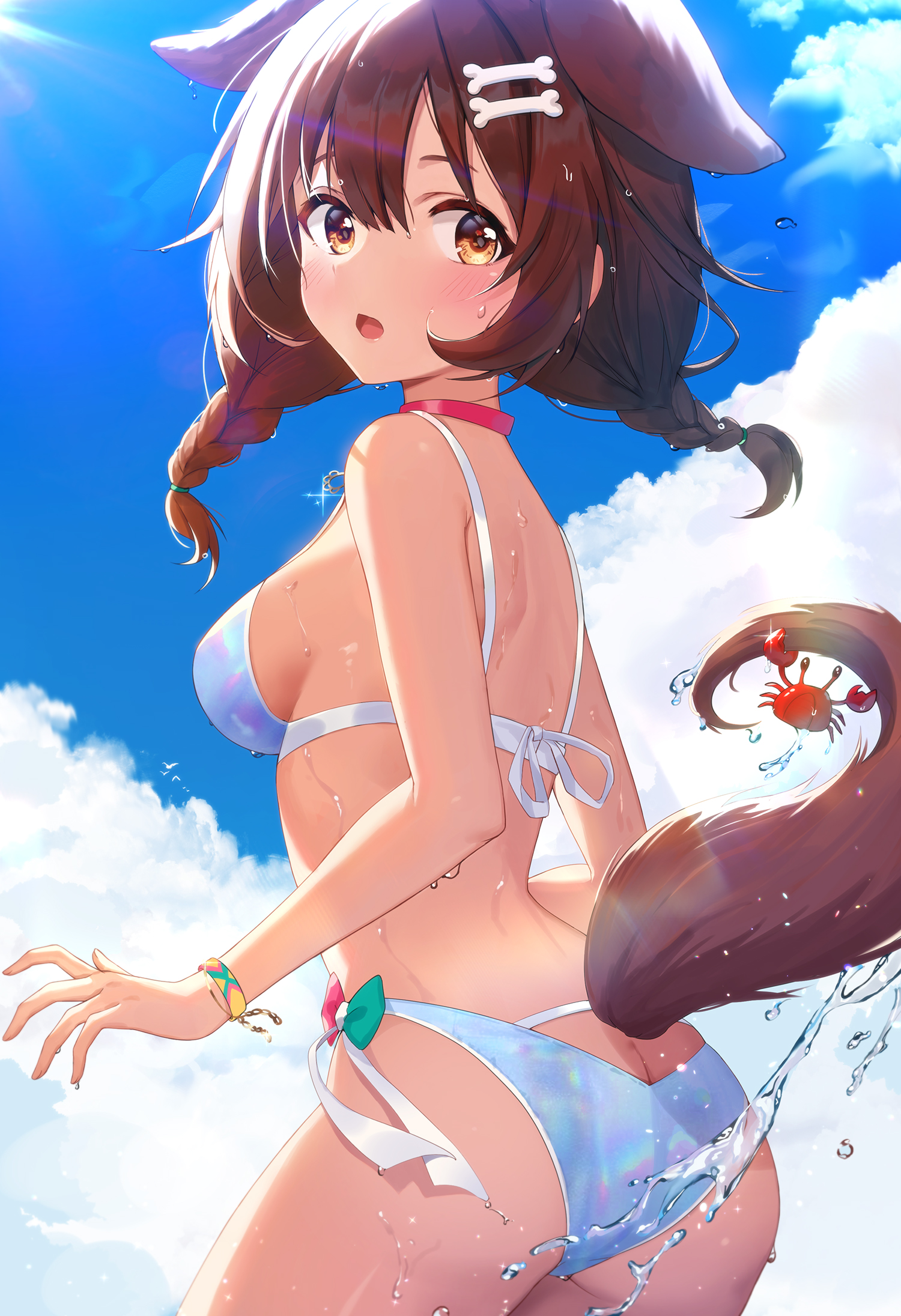 1girls, bikini, blush, bone hair ornament, braids, brown eyes, brown hair, brown tail, crab, dog ears, dog girl, dog tail, female, fluffy tail, hazel eyes, hololive, hololive gamers, hololive japan, inugami korone, kemonomimi, open mouth, red collar, solo, surprised, swimsuit, turning head, virtual youtuber, white bikini, white swimsuit