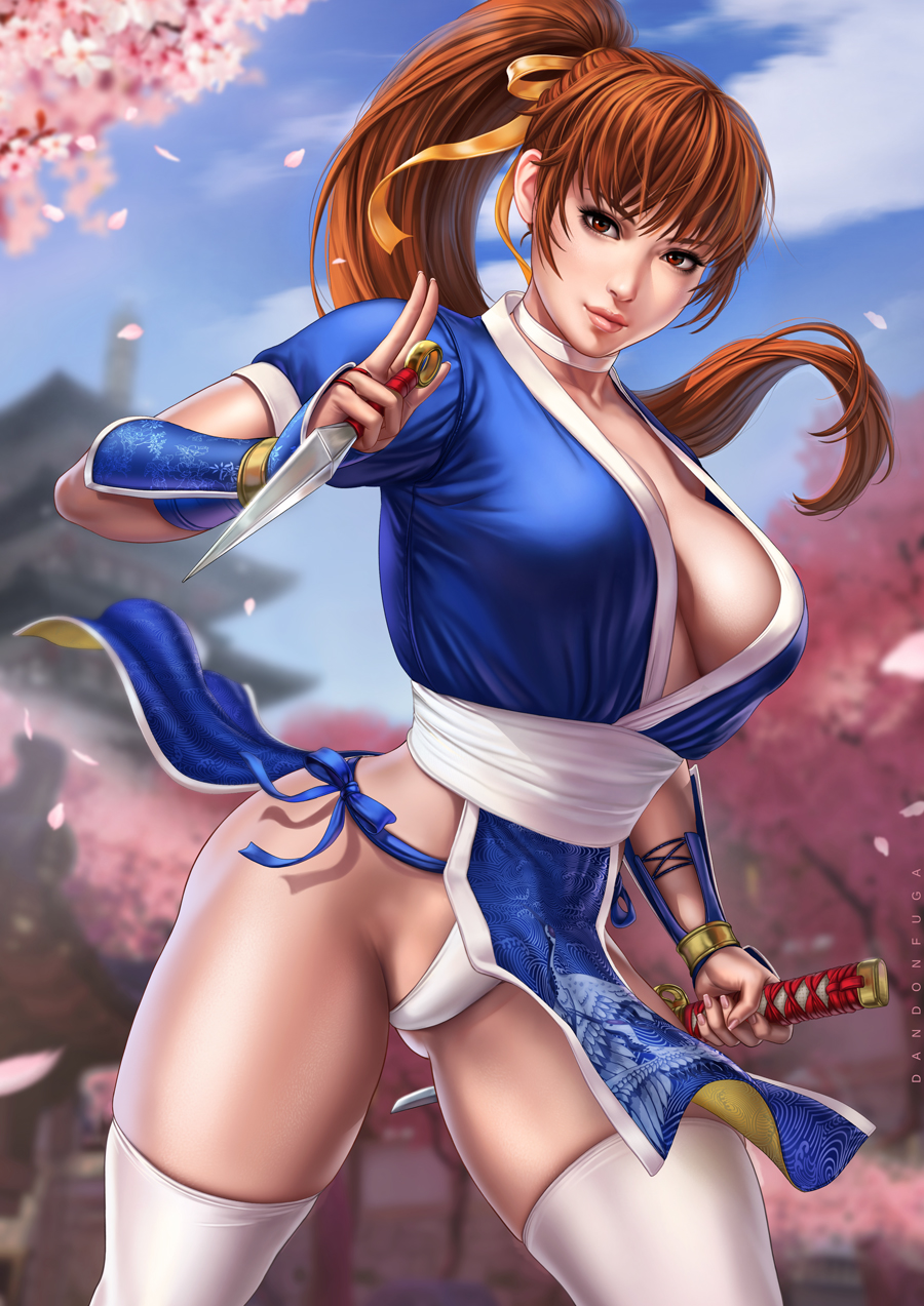 1girls, big breasts, breasts, brown eyes, brown hair, cleavage, dandon fuga, dead or alive, female, female only, kasumi (doa), kunai, large breasts, long hair, panties, pinup, solo, solo female, thick thighs, thighhighs, toned, toned female